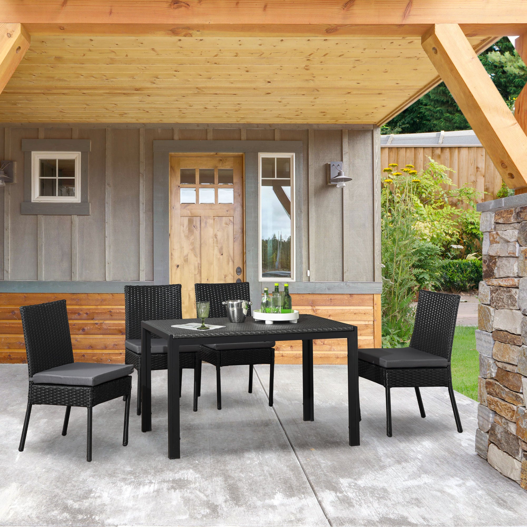 Outsunny Set of Four Armless Rattan Garden Chairs - Black - North Peak Garden Furniture
