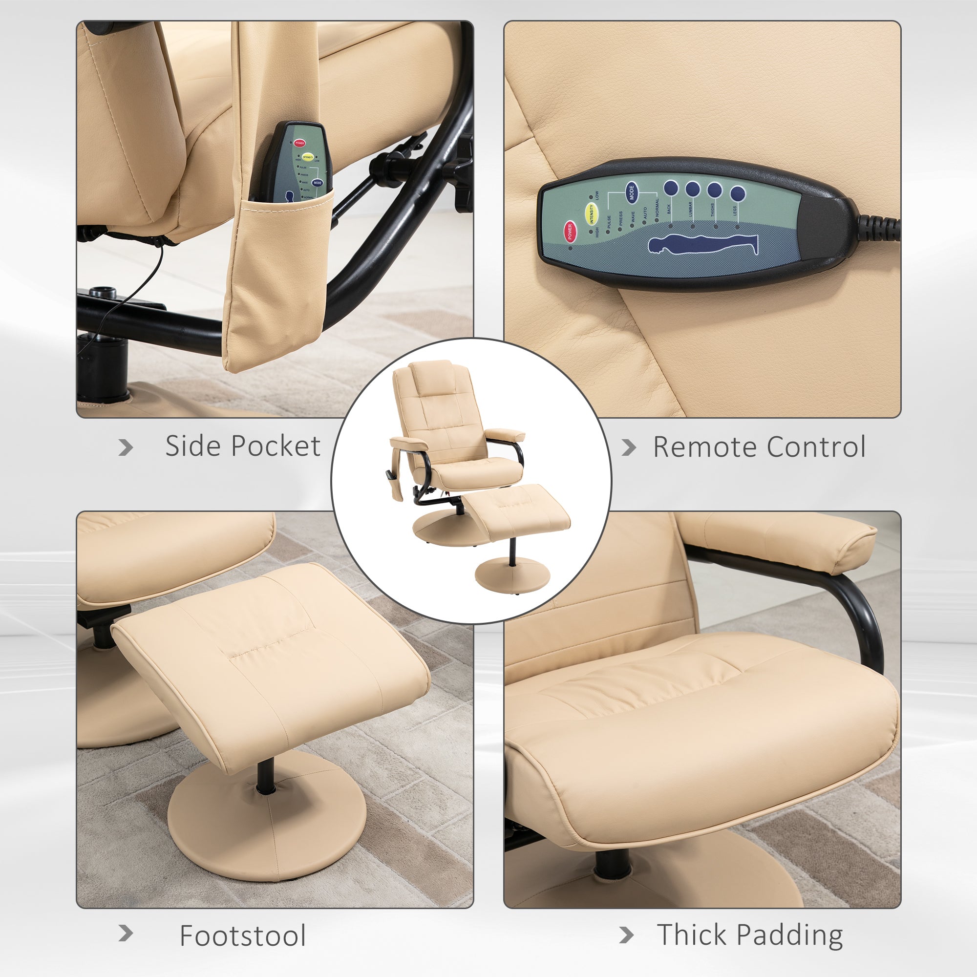 HOMCOM Manual Sofa Reclining Armchair PU Leather Massage Recliner Chair and Ottoman, Cream - North Peak Garden Furniture