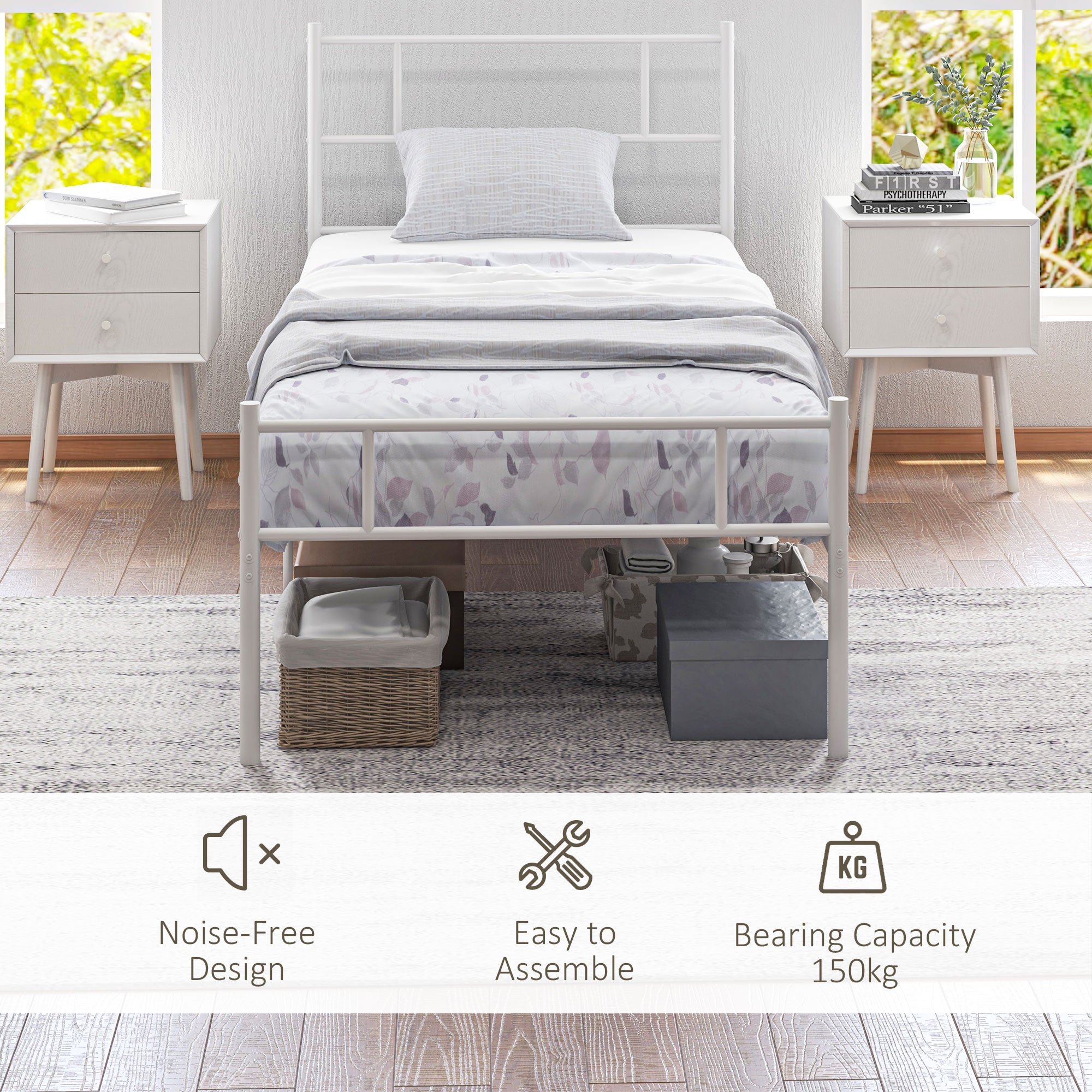 HOMCOM Single Bed Frame, Metal Bed Base with Headboard and Footboard, Metal Slat Support and 31cm Underbed Storage Space - North Peak Garden Furniture