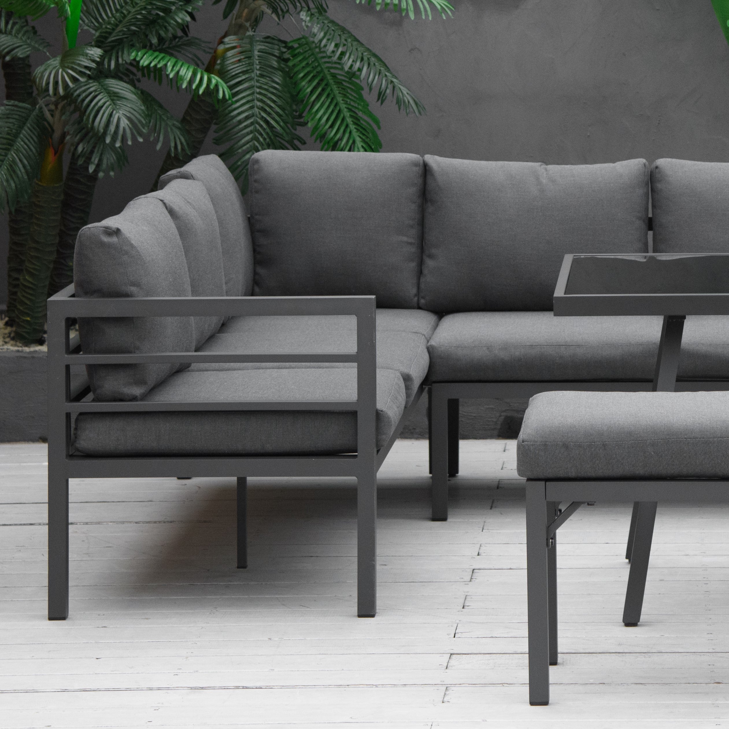 Outsunny 4 Piece L-shaped Garden Furniture Set 8-Seater Aluminium Outdoor Dining Set Conversation Sofa Set w/ Bench, Dining Table & Cushions, Grey