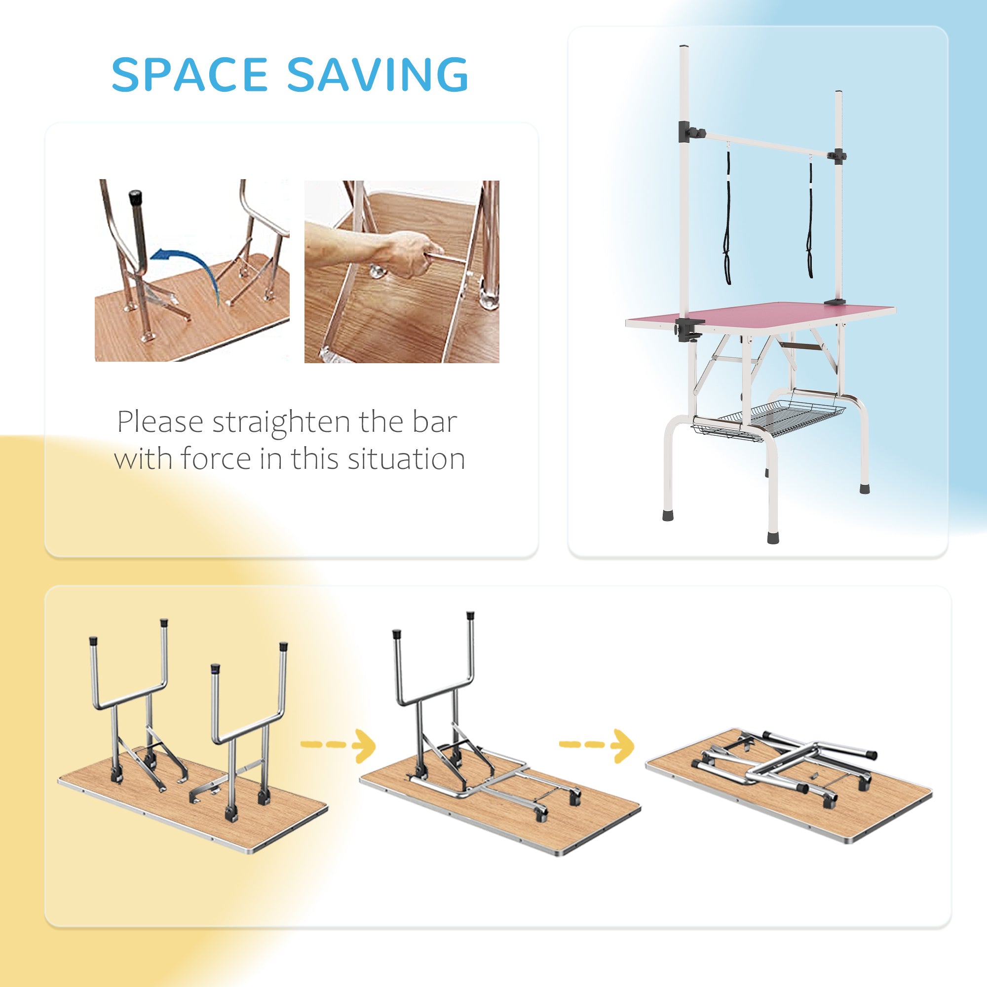PawHut 42" Dog Grooming Table, Adjustable Pet Cat Drying Beauty Table with 2 Loops Storage Basket, Rubber Top, Pink