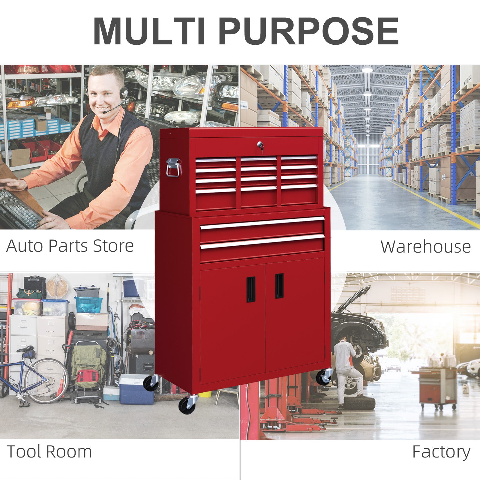 HOMCOM Portable Tool Box, Metal Tool Chest on Wheels with 6 Drawers for Garage and Workshop, Red - North Peak Garden Furniture