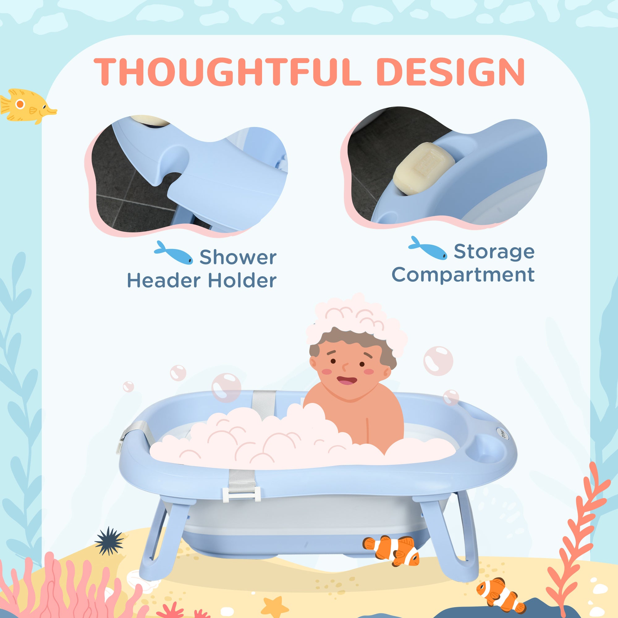 ZONEKIZ Foldable Baby Bathtub, with Non-Slip Support Legs, Cushion Pad, Shower Holder - Blue - North Peak Garden Furniture