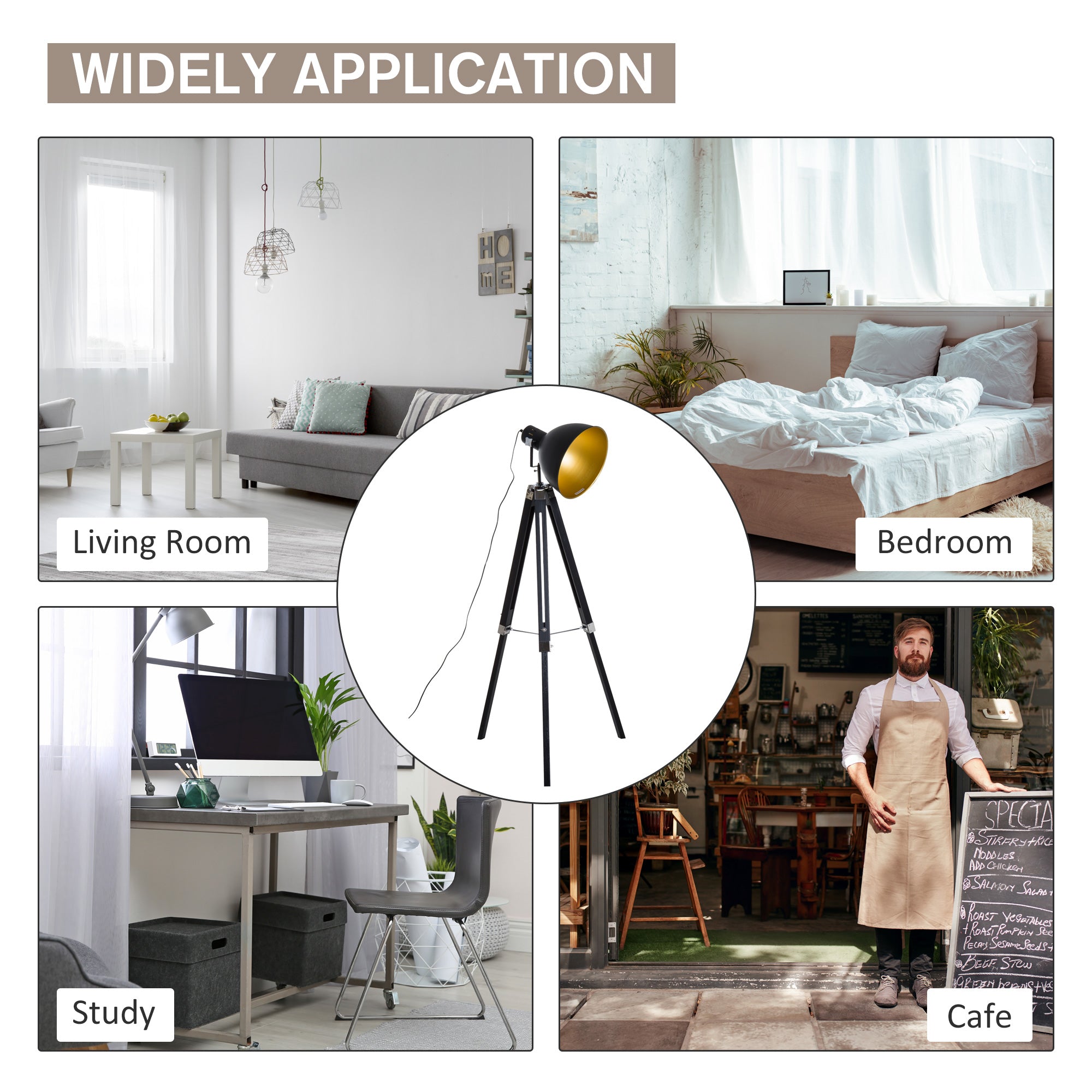 HOMCOM Tripod Floor Lamp, Spotlight Reading Lamp w/ Adjustable Height, Angle, Wood Legs for Living Room, Bedroom, Home, Office, Black and Gold - North Peak Garden Furniture