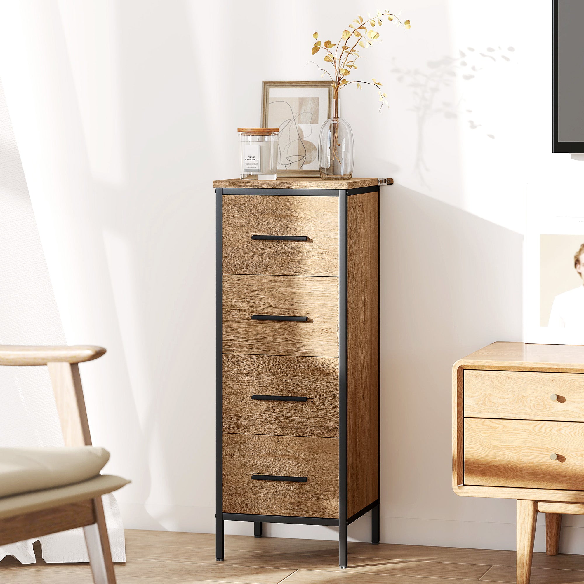 HOMCOM Narrow Bathroom Storage Cabinet with 4 Drawers - Oak - North Peak Garden Furniture