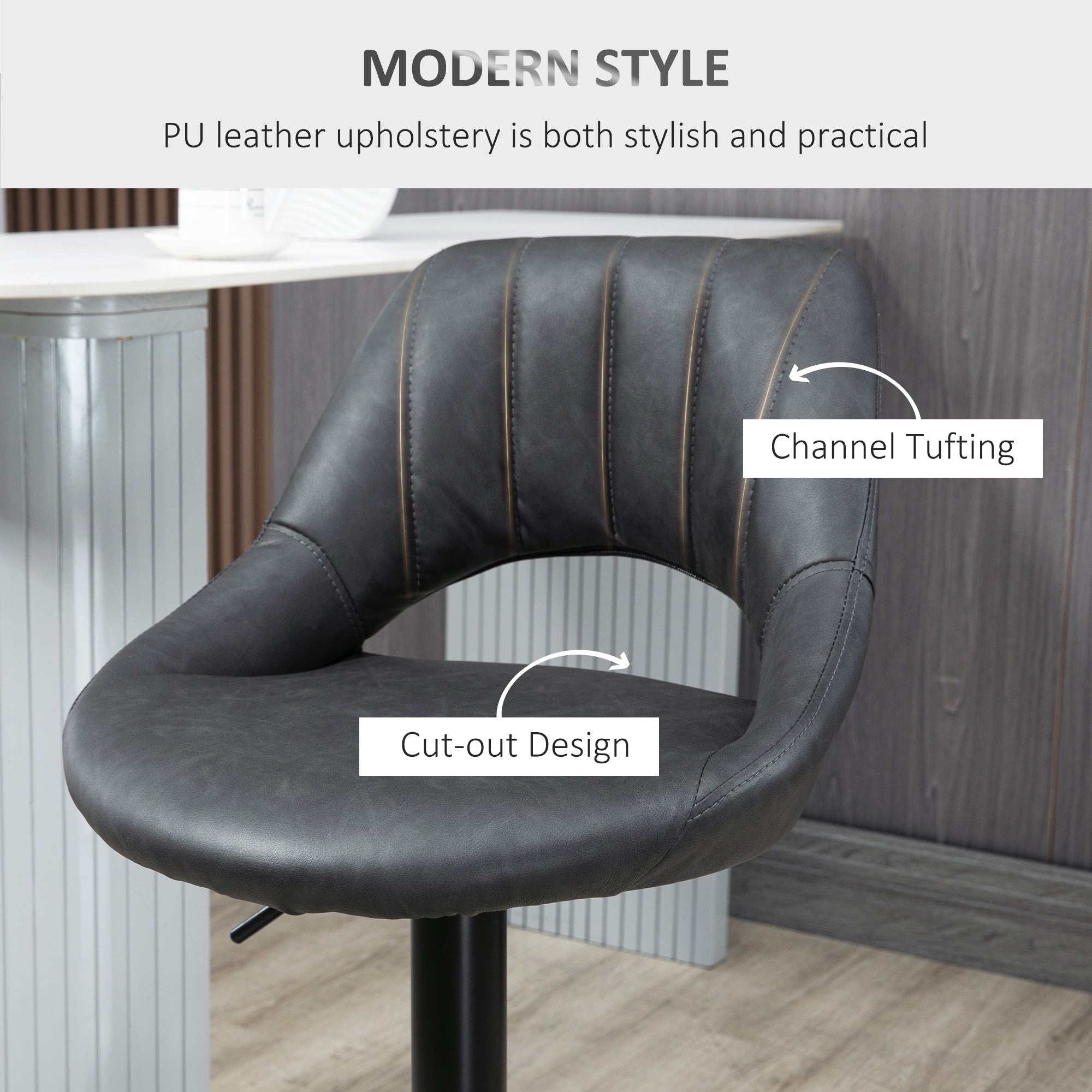 HOMCOM Barstools Set of 2 Adjustable Swivel Height Gas Lift PU Leather Counter Chairs with Footrest - North Peak Garden Furniture