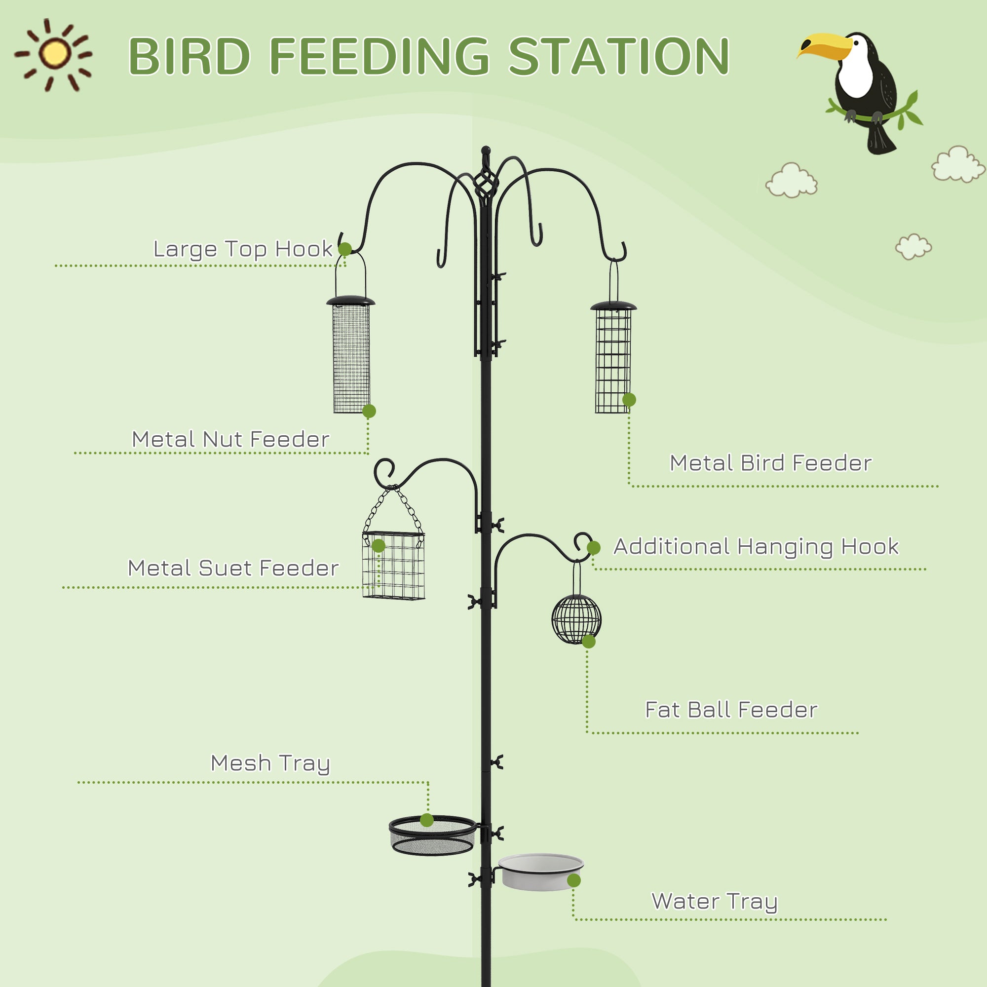 Pawhut Bird Feeding Station Kit, Wild Bird Feeder Pole with 6 Hooks, 4 Hanging Feeders for Peanuts, Seed, Fat Balls, for Garden, Outdoor, Black - North Peak Garden Furniture