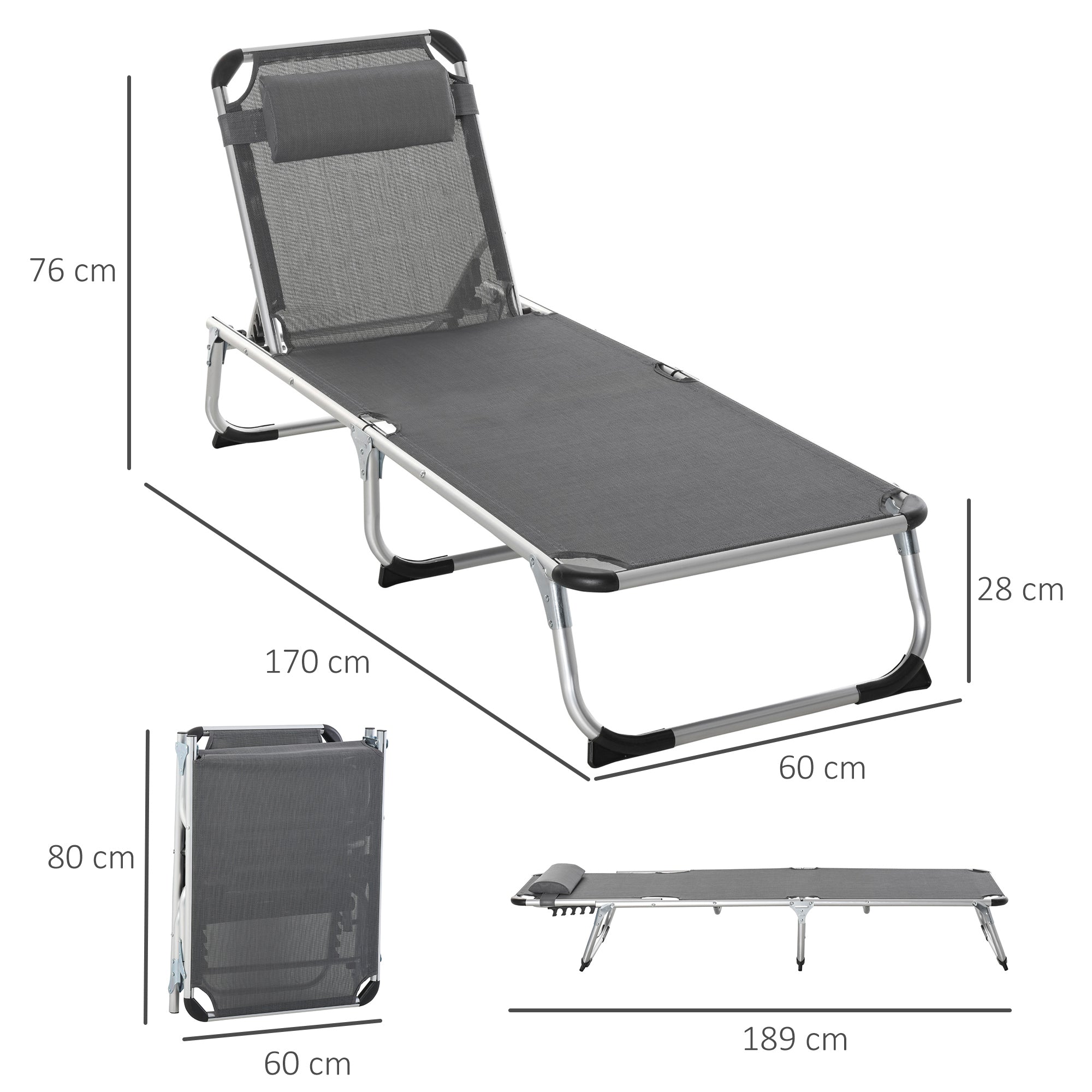 Outsunny 2 Pieces Foldable Outdoor Sun Lounger with Pillow, 5-Level Adjustable Reclining Lounge Chair, Aluminium Frame Camping Bed Cot, Grey