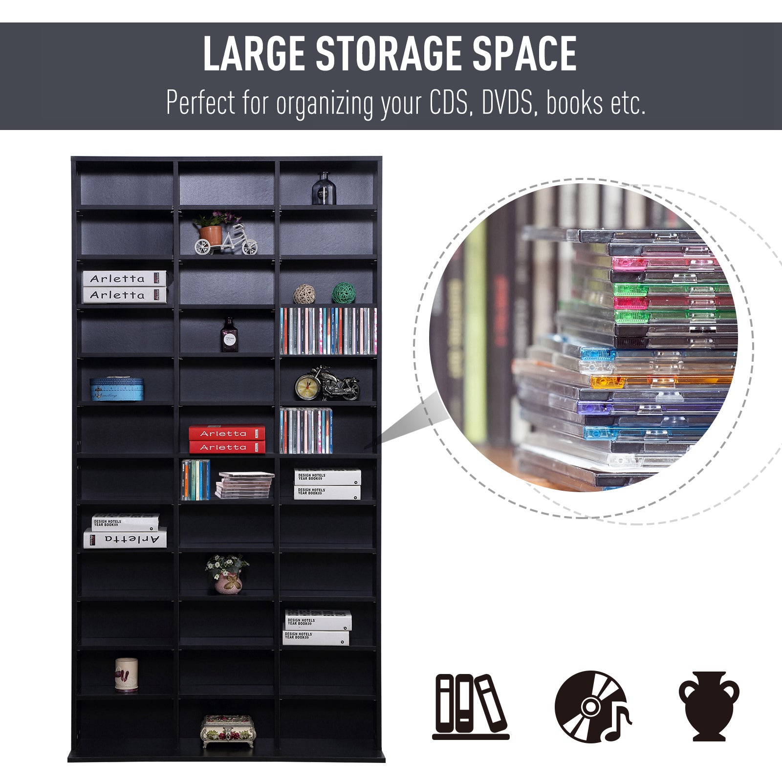 HOMCOM 1116 CD/ 528 DVD Storage Shelf Rack Media Storage Unit Shelves Racks Wooden Display Unit with 10 Adjustable Shelves, Black - North Peak Garden Furniture