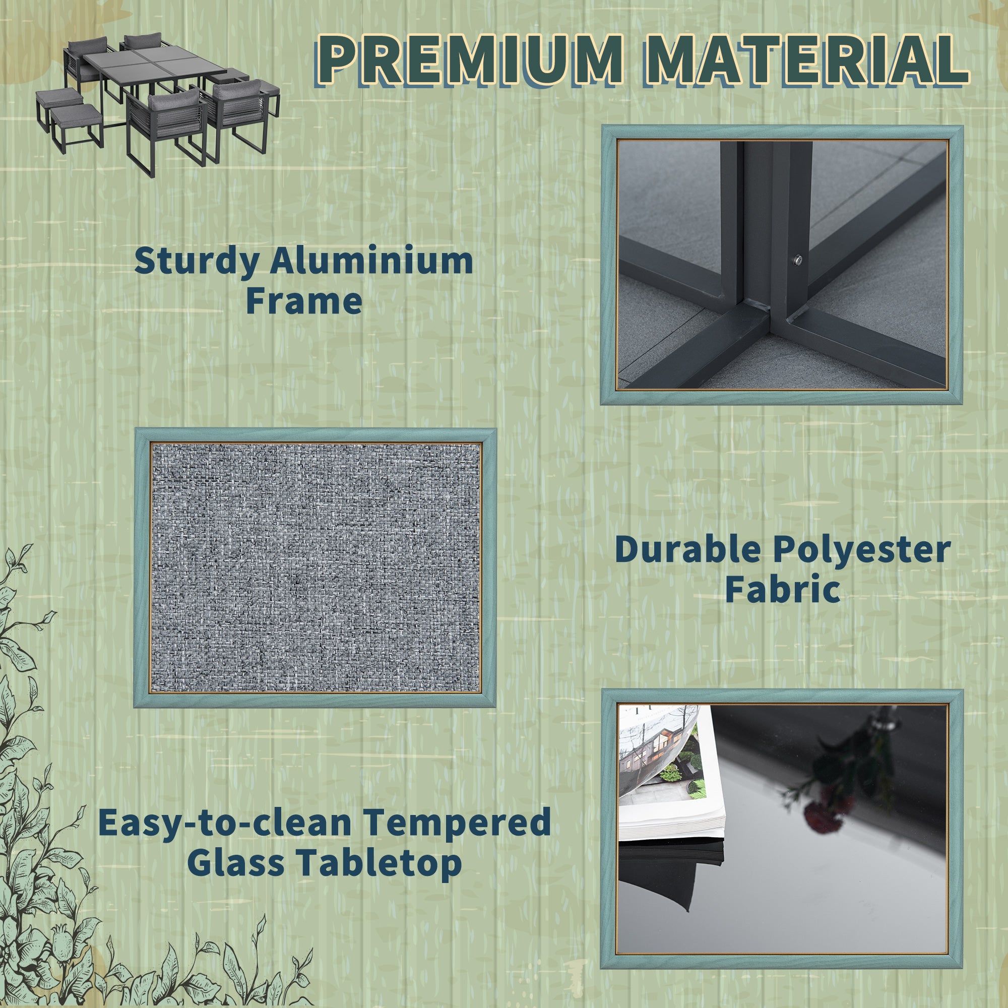 Outsunny Nine-Piece Aluminium Garden Set, with Glass-Top Table - Grey - North Peak Garden Furniture