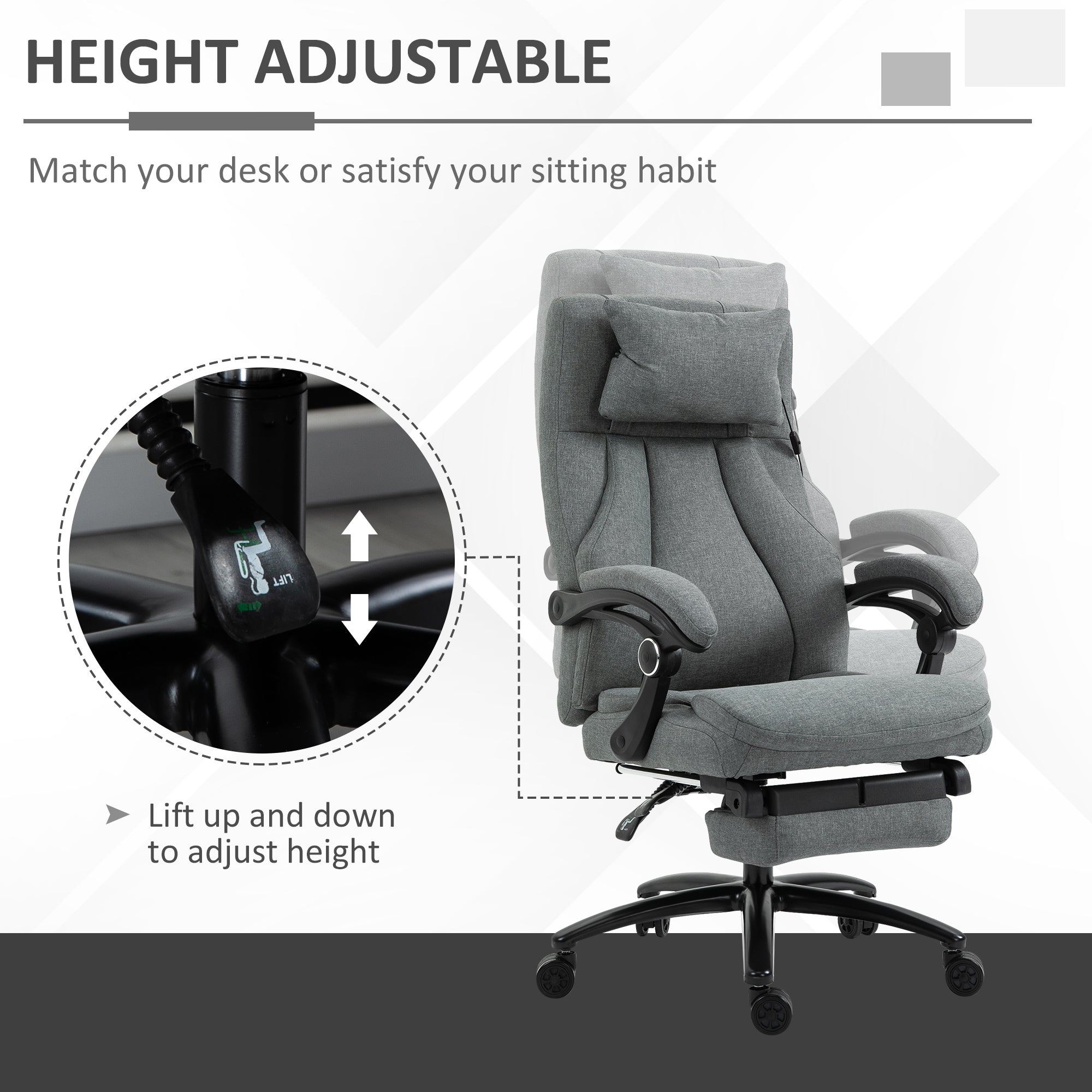 Vinsetto Office Chair, Fabric Desk Chair with Adjustable Massage Pillow, USB Power and Retractable Footrest, High Back, 360° Swivel, for Home, Grey - North Peak Garden Furniture