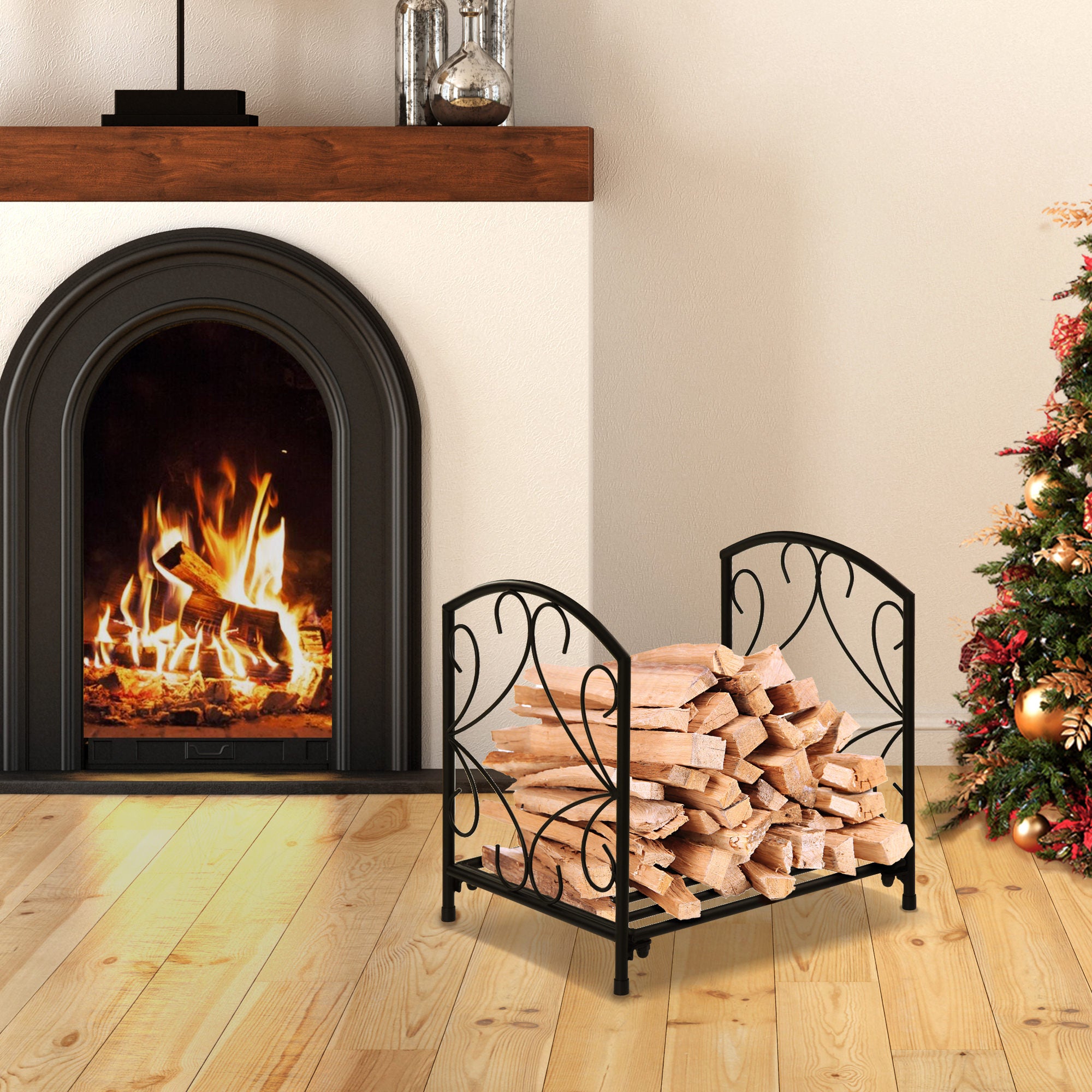 Outsunny Metal Firewood Log Holder Indoor Outdoor Firewood Rack Fireplace Wood Storage Shelf w/ Elegant Scrolls, Rust-Resistant, Black, 39.5L x 31.5W x 39.5H cm - North Peak Garden Furniture