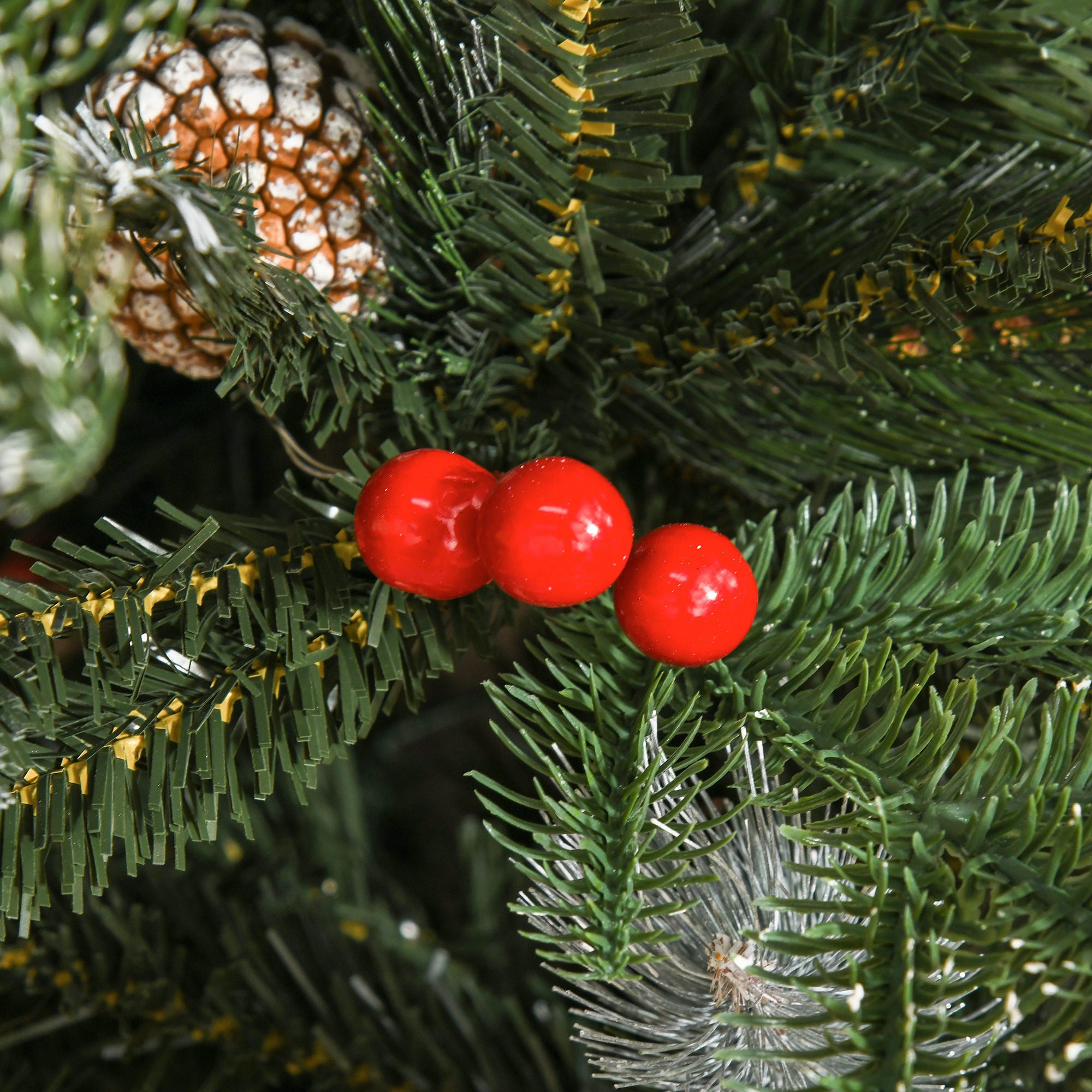 HOMCOM 5FT Artificial Snow Dipped Christmas Tree Xmas Pencil Tree Holiday Home Party Decoration with Foldable Feet Red Berries White Pinecones, Green - North Peak Garden Furniture