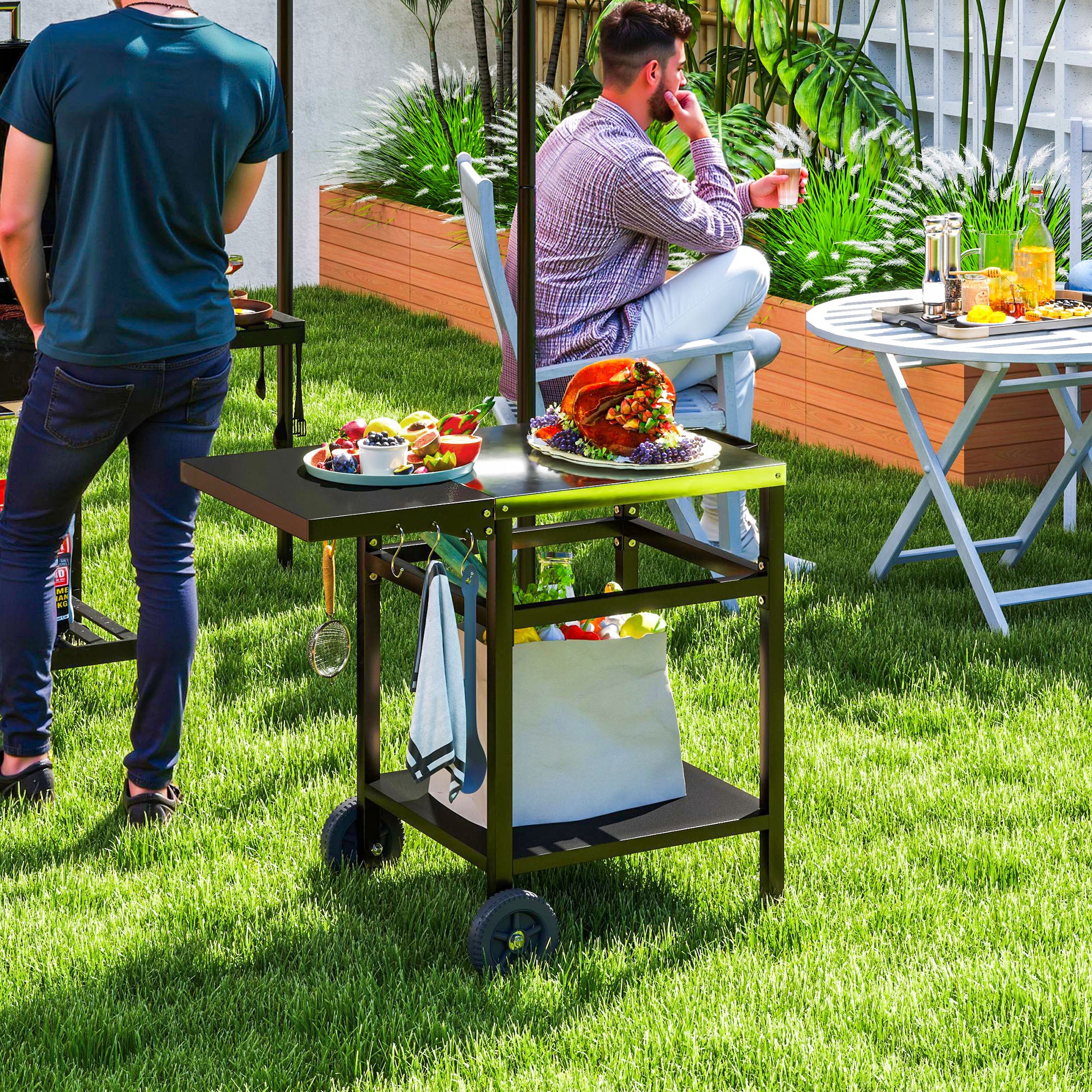 Outsunny BBQ Trolley with Stainless Steel Top and Foldable Side Table, Outdoor Kitchen BBQ Station with Hooks and Shelf, Pizza Oven Table Movable Outdoor Grill Dining Cart with Cover, Black - North Peak Garden Furniture