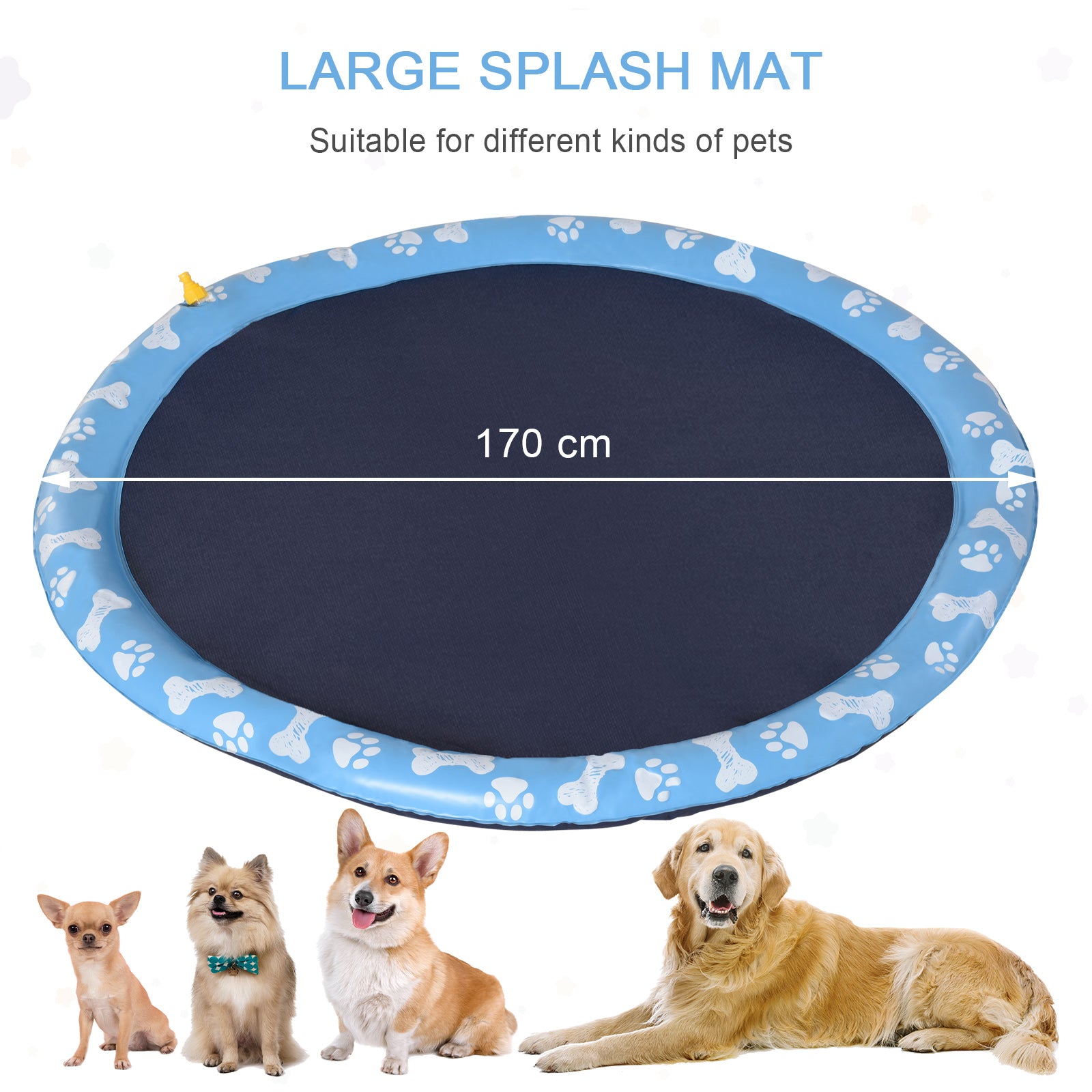 PawHut 170cm Splash Pad Sprinkler for Pets Dog Bath Pool Water Game Mat Toy Non-slip Outdoor Backyard Blue - North Peak Garden Furniture