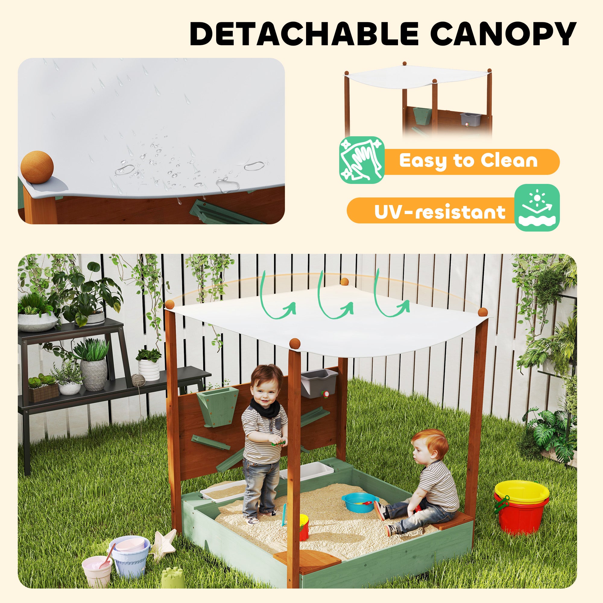 AIYAPLAY Wood Sandpit with Canopy, Storage Bins, Funnel, Liner, Chutes, Bucket with Tap, 116 x 112.5 x 128 cm, Green - North Peak Garden Furniture