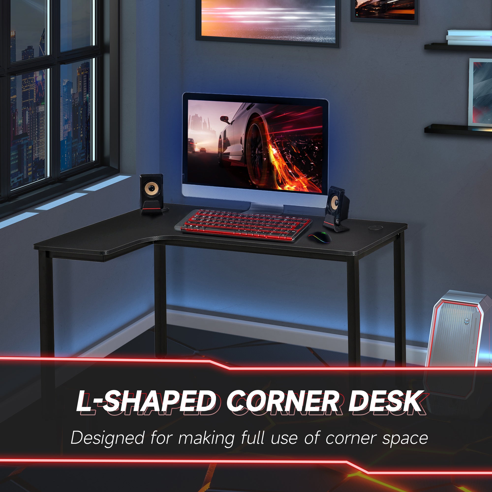 HOMCOM L-Shaped Gaming Desk, Computer Corner Desk, Home Office Workstation with Cable Management, 145 x 81 x 76cm, Black, Left - North Peak Garden Furniture
