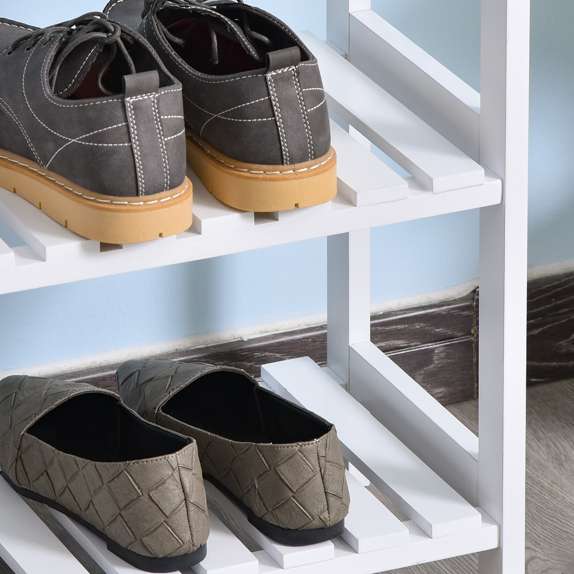 HOMCOM 3-Tier Shoe Rack Wood Frame Slatted Shelves Spacious Open Hygienic Storage Home Hallway Furniture Family Guests 70L x 26W x 57.5H cm - White - North Peak Garden Furniture