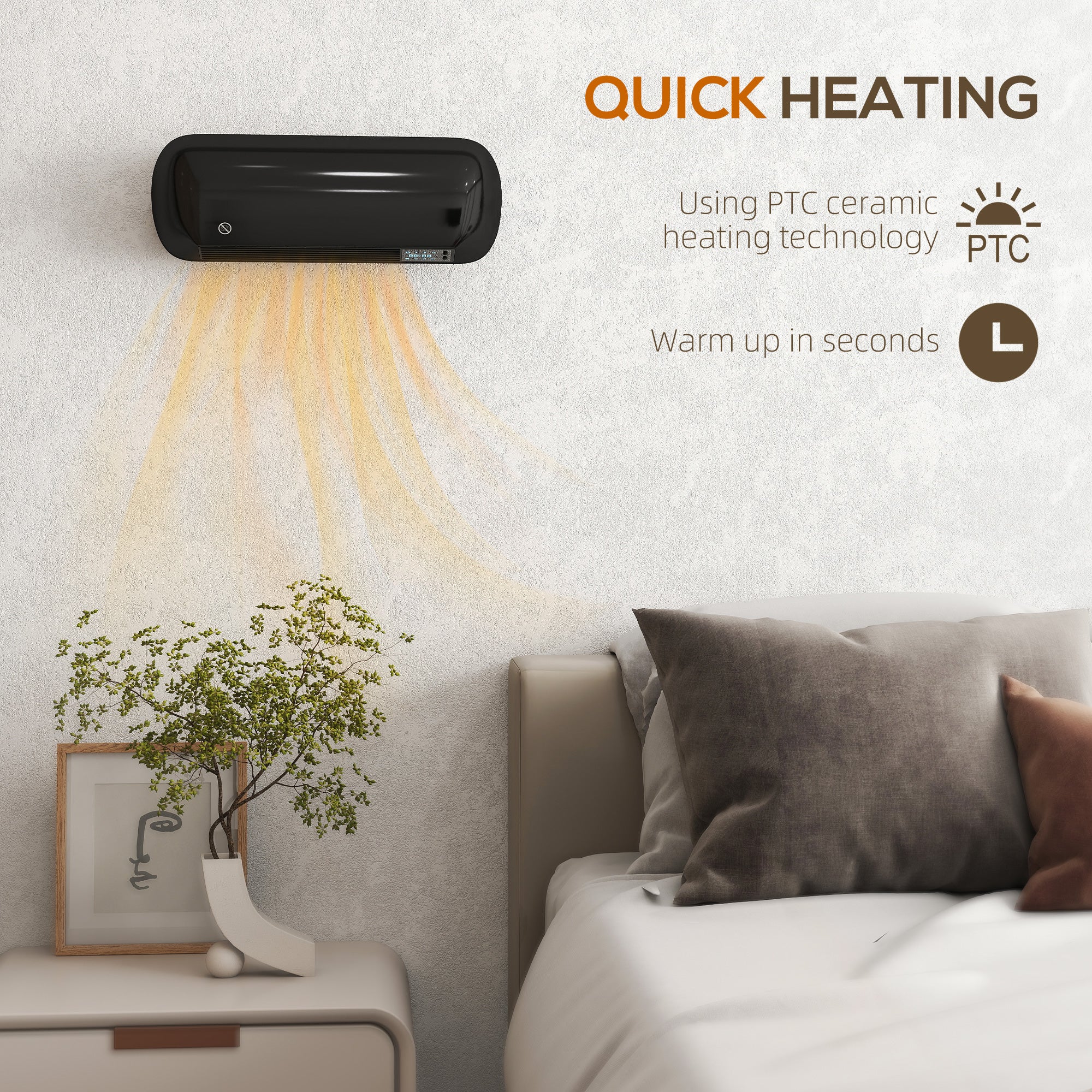 HOMCOM 2000W Ceramic Electric Heater with Fan, Adjustable Thermostat, Wall Mounted - Black