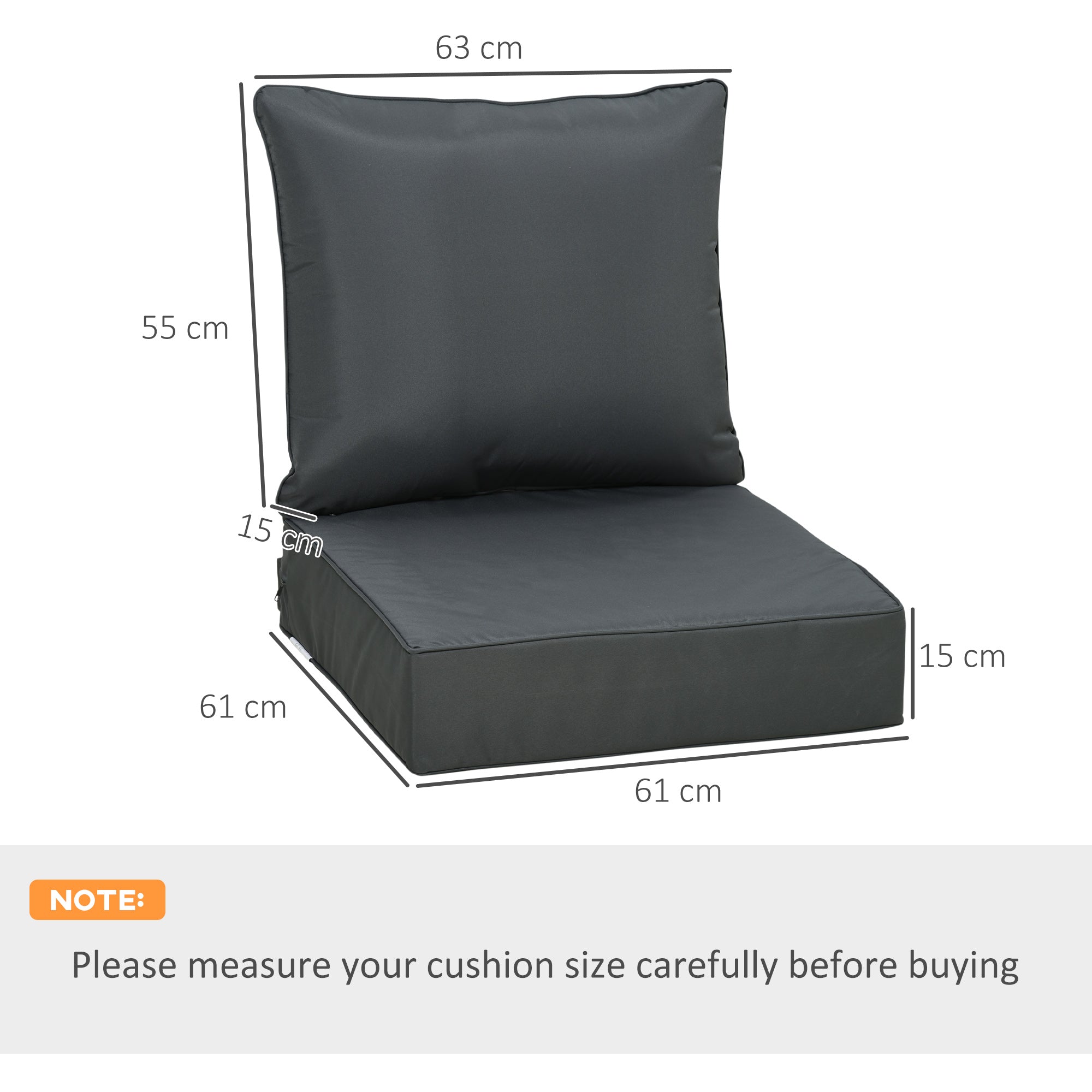 Outsunny Outdoor Seat and Back Cushion Sets, 63L x 55W x 15Dcm Olefin Patio Deep Seating Chair Fade Resistant Replacement Cushion for Rattan Sofa, Indoor or Outdoor Furniture, Dark Grey