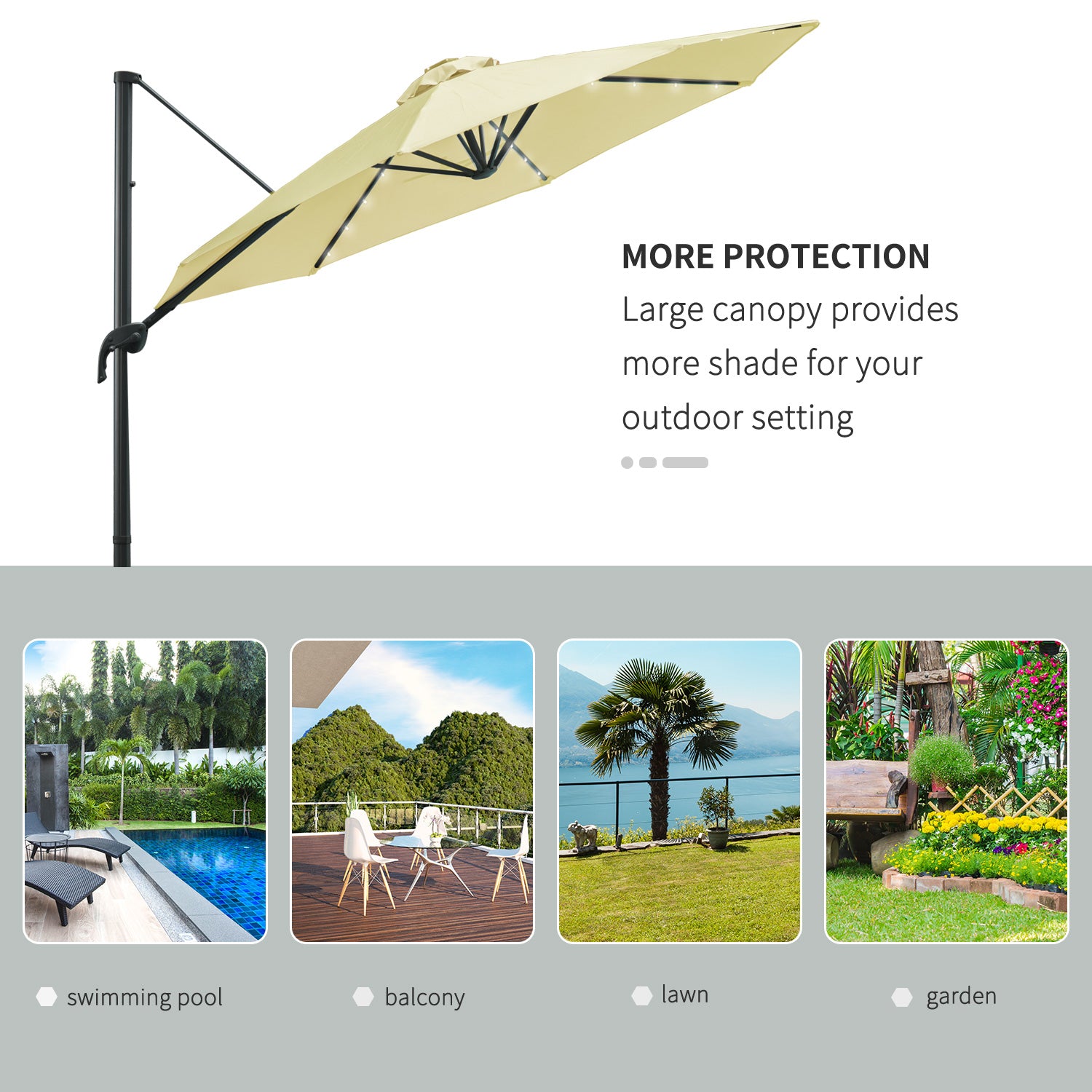 Outsunny 3(m) LED Cantilever Parasol Garden Sun Umbrella w/ Base and Solar Lights Beige - North Peak Garden Furniture