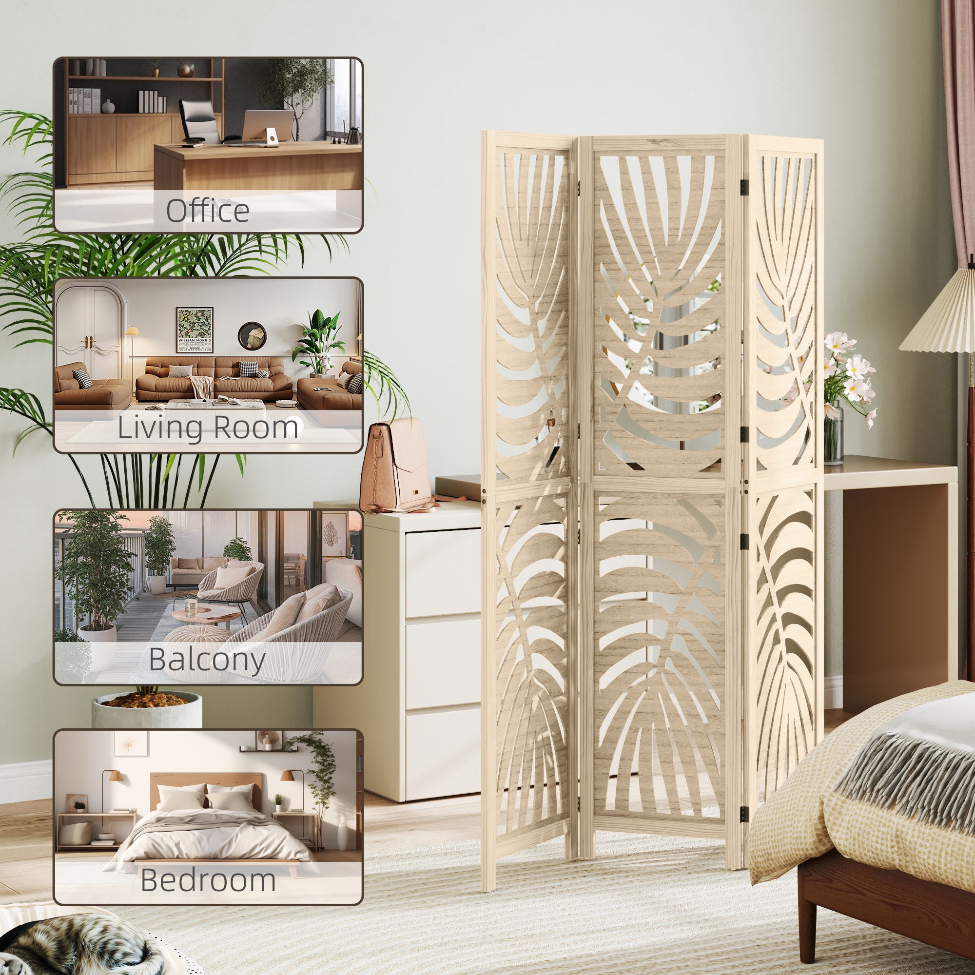 HOMCOM 3 Panel Room Divider, Detachable Folding Privacy Screens with Palm Leaf Design for Home Office, Natural Wood Finish