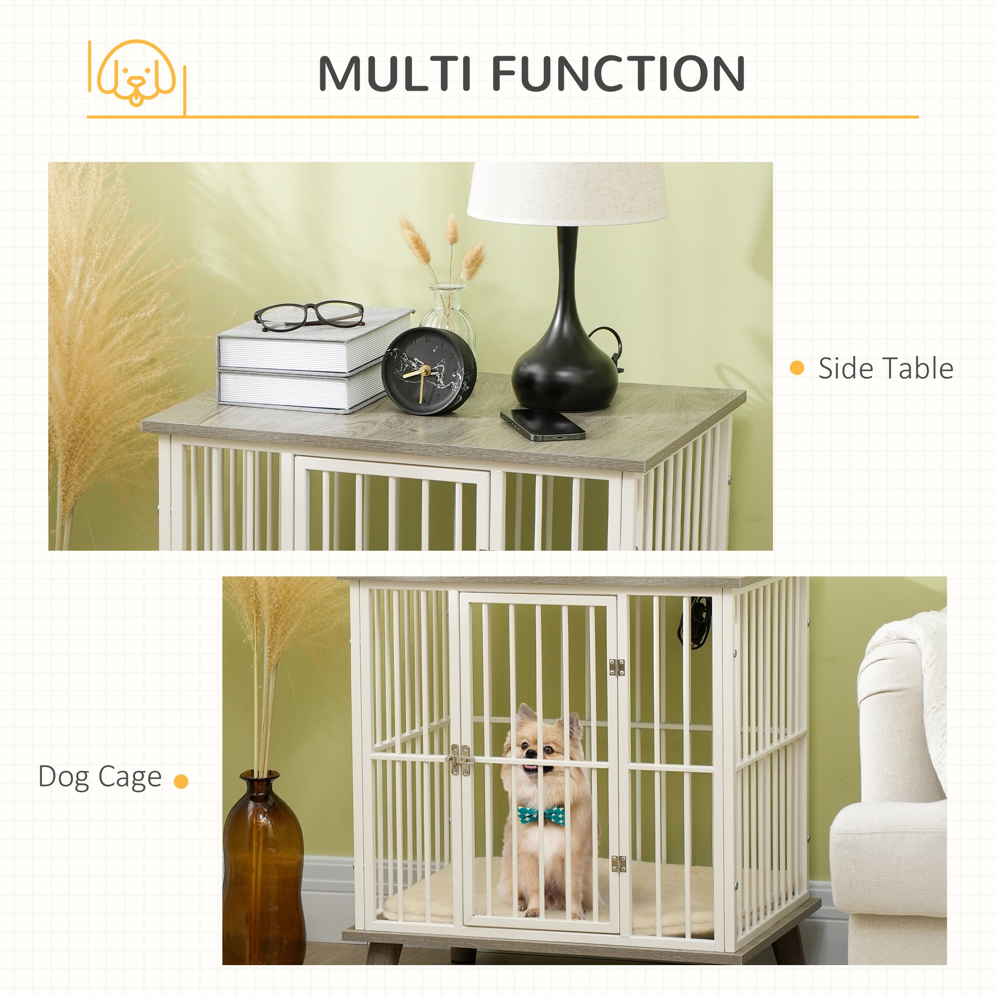 PawHut Dog Crate Furniture, Indoor Pet Kennel Cage, Top End Table w/ Soft Cushion, Lockable Door, for Small Dogs, 64.5 x 48 x 70.5 cm - Grey - North Peak Garden Furniture