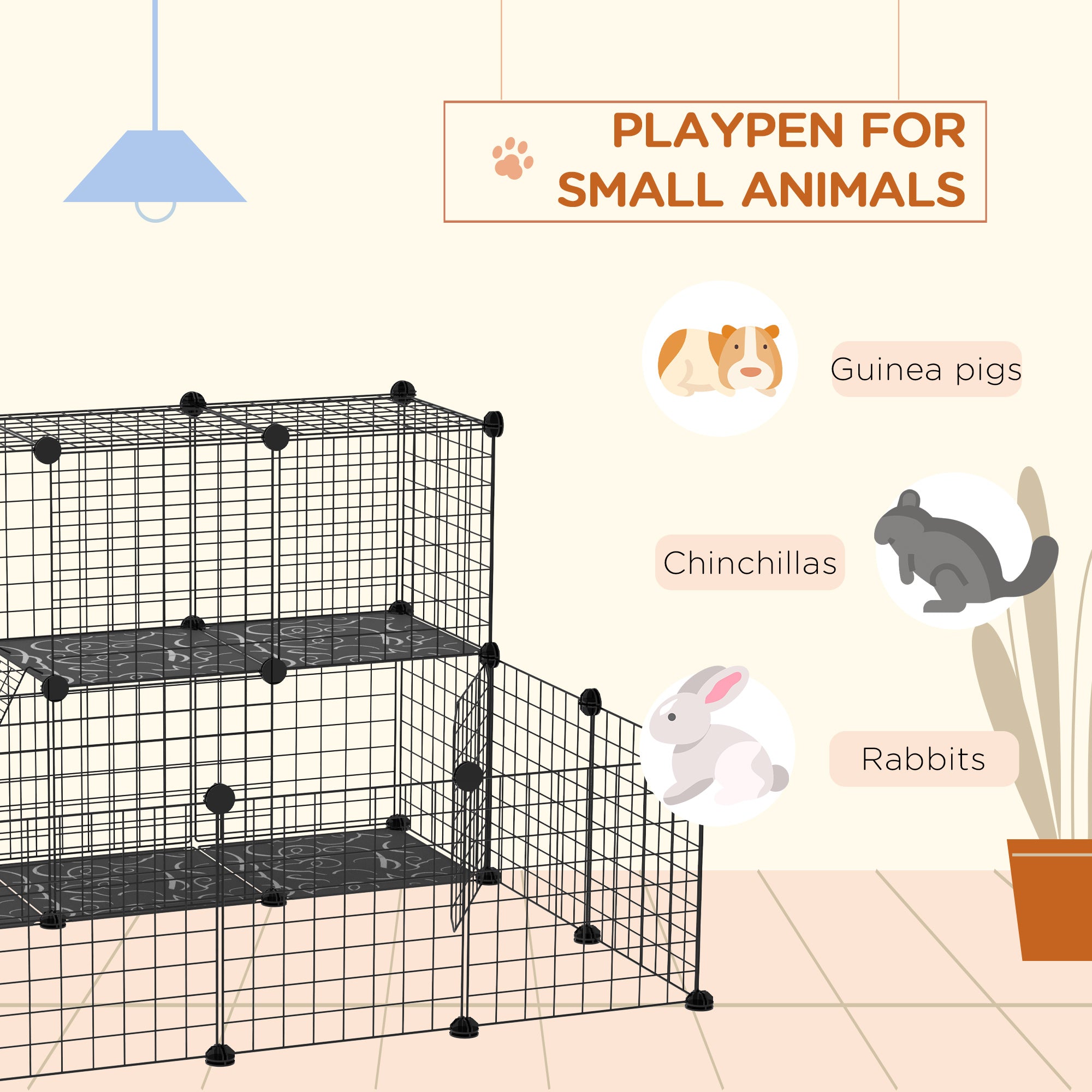 PawHut Pet Playpen w/ Door Customisable Fence for Guinea Pigs Chinchillas Hedgehogs - Black - North Peak Garden Furniture