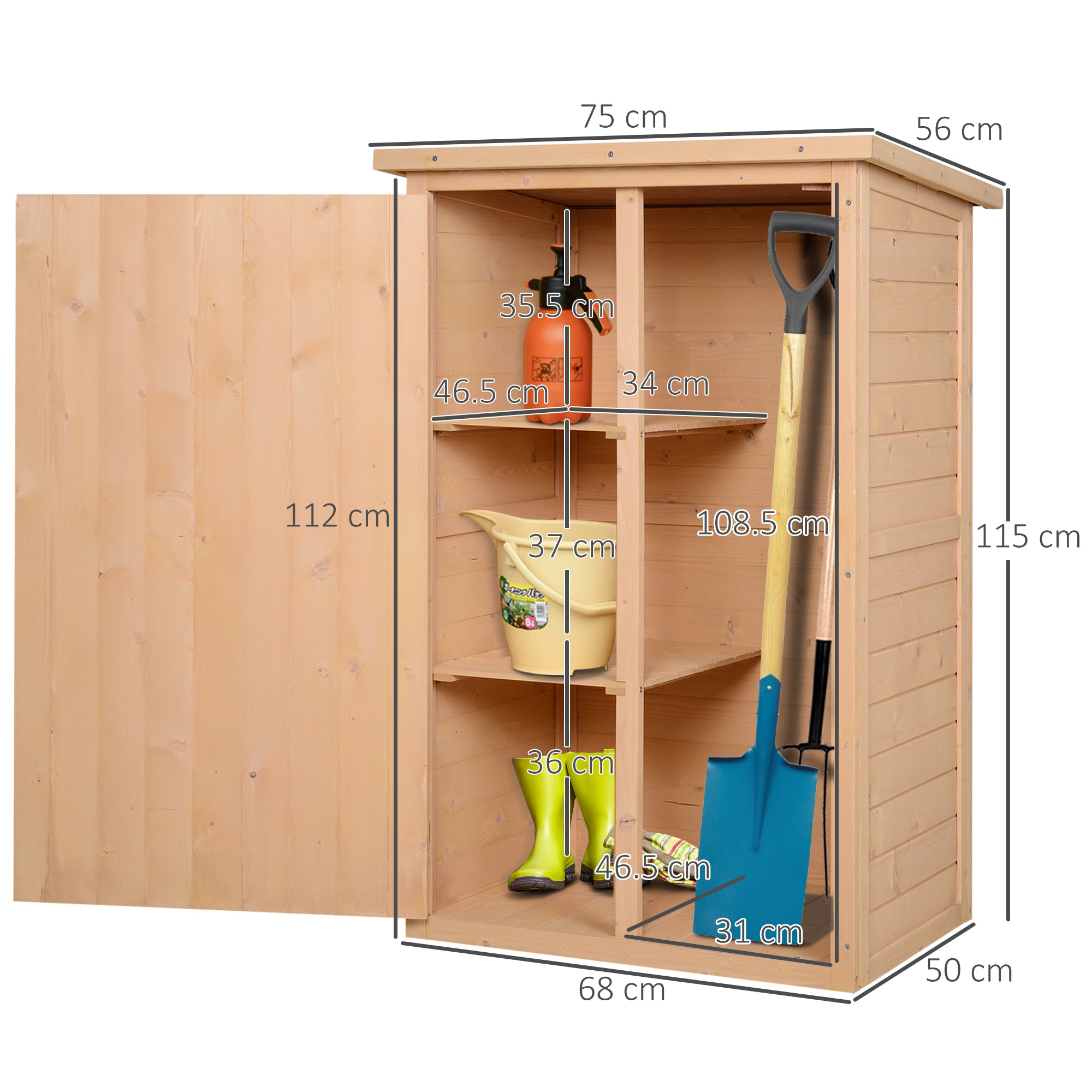 Outsunny Garden Shed Wooden Garden Storage Shed Fir Wood Tool Cabinet Organiser with Shelves 75L x 56W x115Hcm Natural - North Peak Garden Furniture