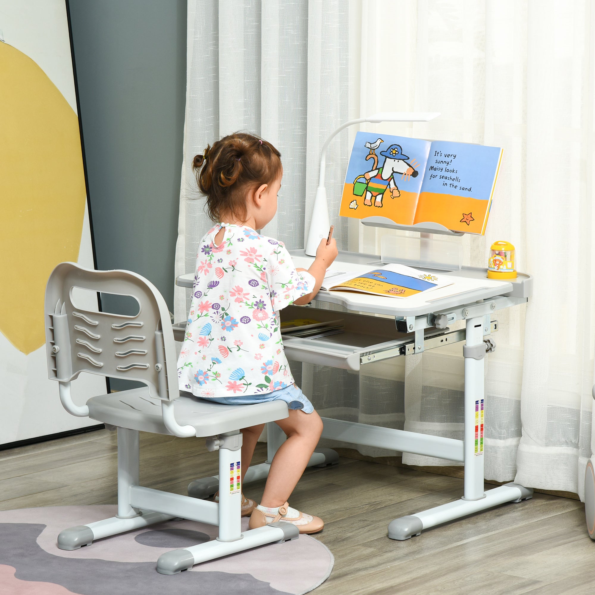 HOMCOM Kids Study Desk and Chair Set w/ Adjustable Height, Storage, Drawer, Grey