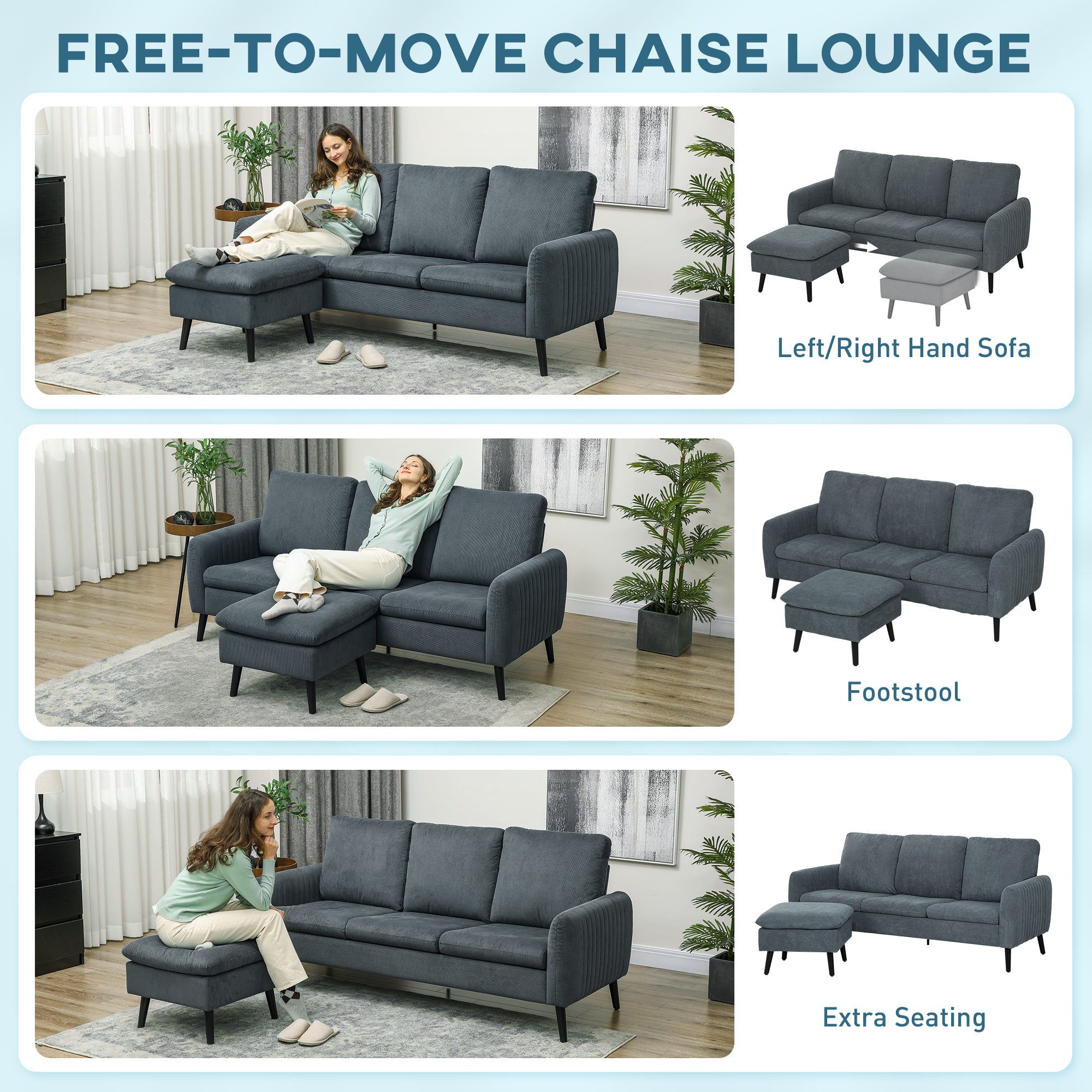 HOMCOM Corner Sofa with Reversible Chaise Lounge, Corduroy Fabric 3 Seater Sofa Settee for Living Room, L Shaped Couch with Scatter Back, Left/Right Hand, Charcoal Grey - North Peak Garden Furniture