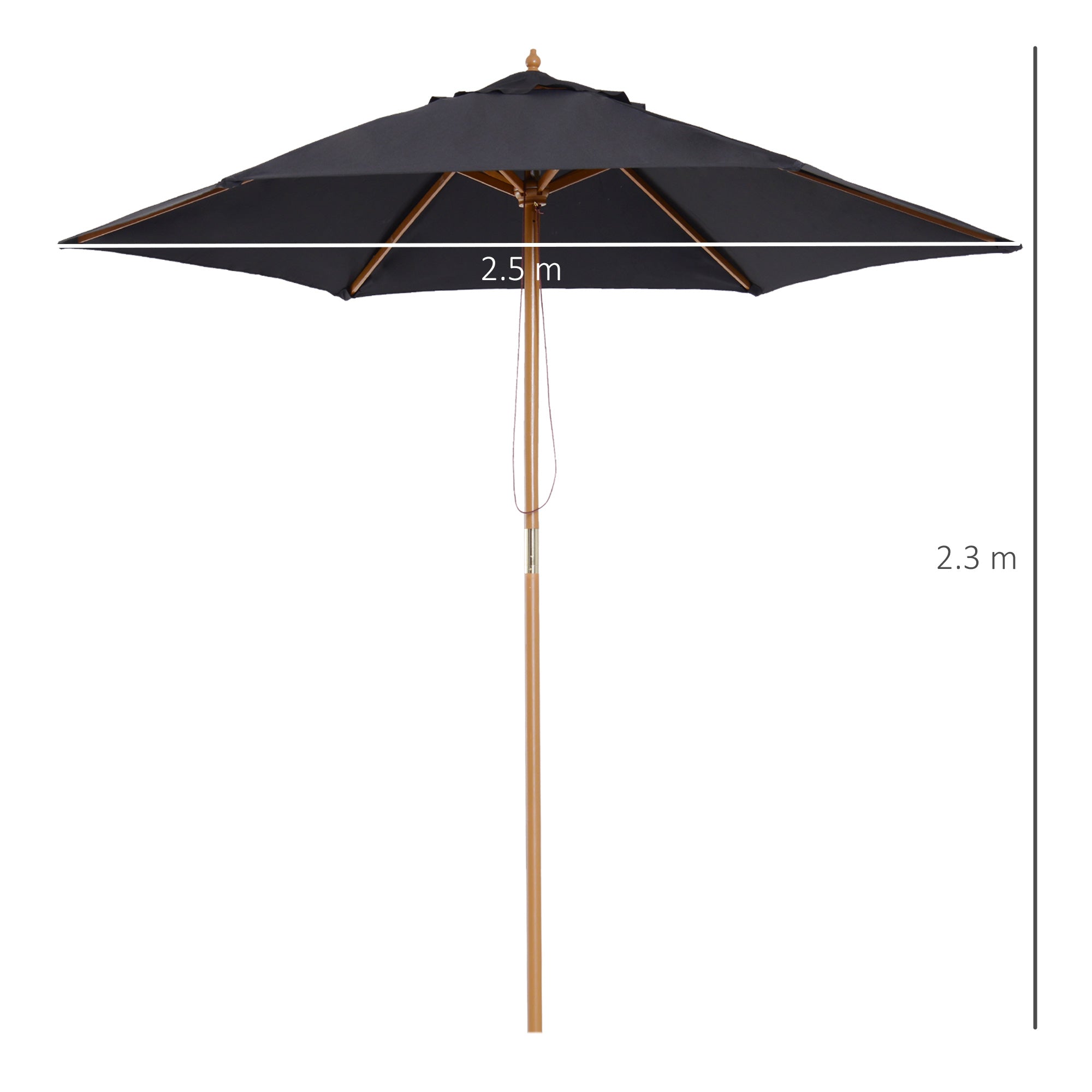 Outsunny Wooden Patio Parasol: 2.5m Outdoor Sun Umbrella, Weather-Resistant, Black