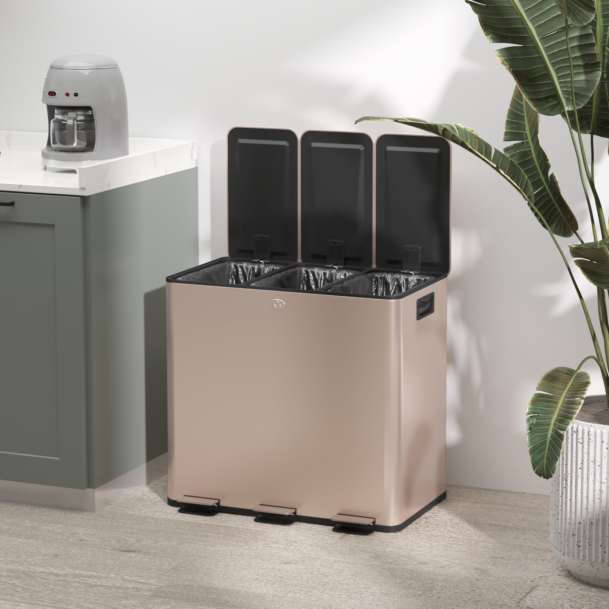 HOMCOM 45L Triple Compartment Stainless Steel Bin, with Deodoriser Holders - Gold Tone - North Peak Garden Furniture