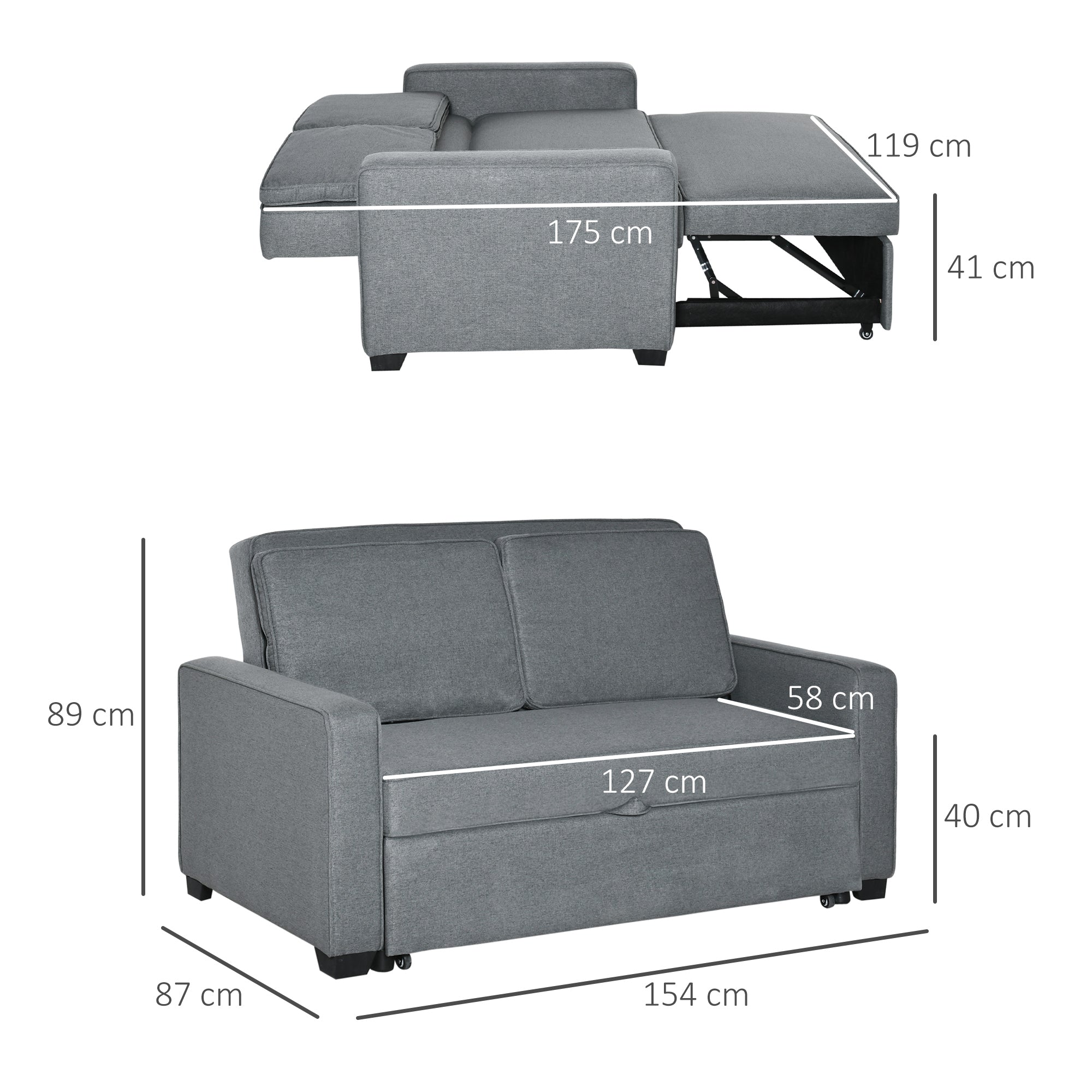HOMCOM Double Sofa Bed Click Clack Sofa Bed Pull Out Bed with Adjustable Backrest for Living Room and Bedroom Grey - North Peak Garden Furniture
