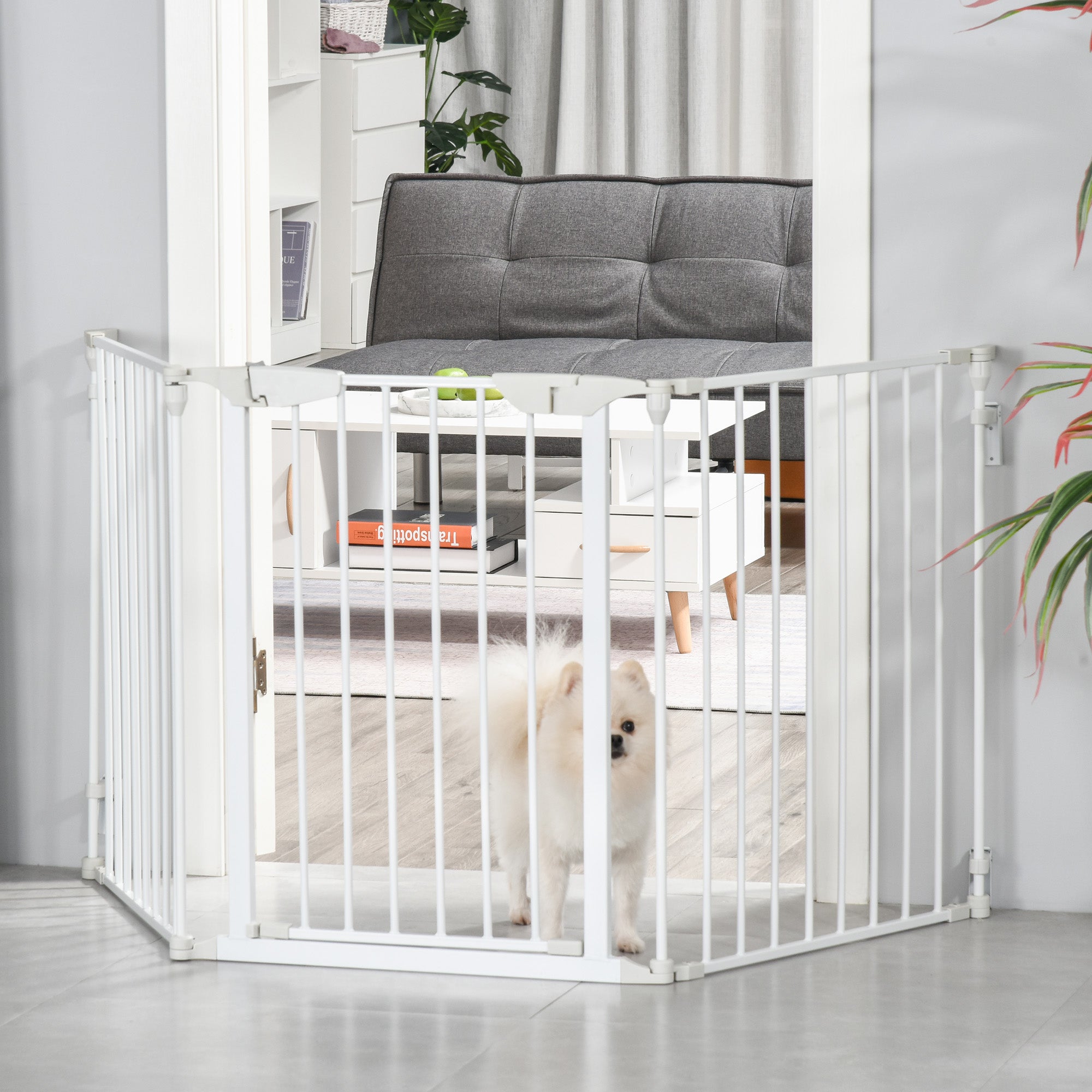 PawHut Pet Safety Gate, 3 Panels Playpen Fireplace, Metal Fence, Stair Barrier, Room Divider w/ Walk-Through Door - White - North Peak Garden Furniture
