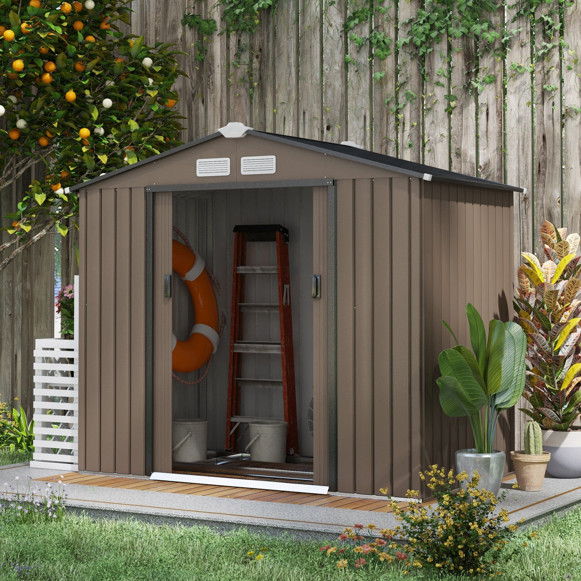 Outsunny 7 x 4ft Metal Garden Shed, Outdoor Storage Tool House with Ventilation Slots, Foundation Kit and Lockable Double Doors, Brown - North Peak Garden Furniture