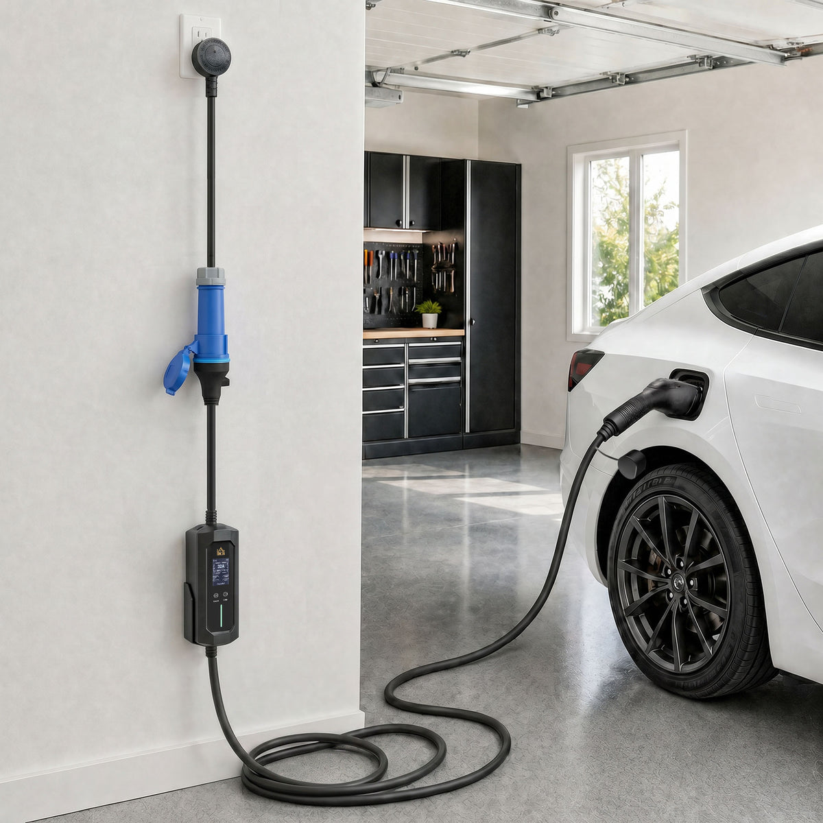HOMCOM EV Charger 7kW Type 2 to CEE 32A Plug with UK Adapter, 10 m, 6-32A, Electric Car Charger w/ 1-12 h Time Delay