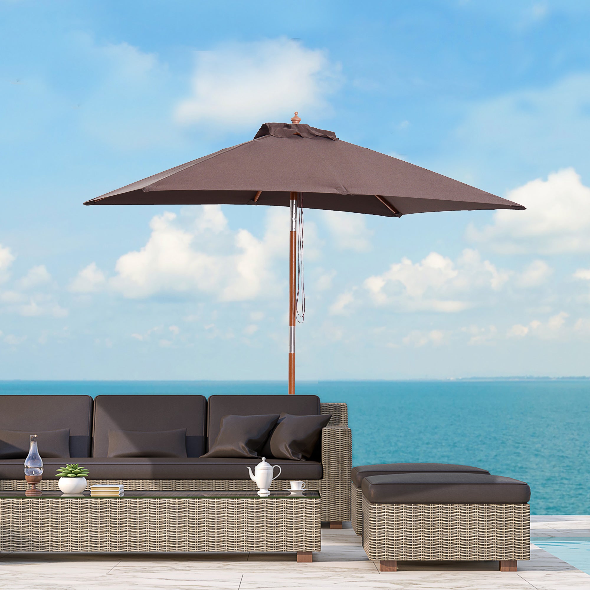 Outsunny 2m x 1.5m Garden Parasol Umbrella with Tilting Sunshade Canopy, Outdoor Market Table Umbrella with Wood and Bamboo Frame, Coffee - North Peak Garden Furniture