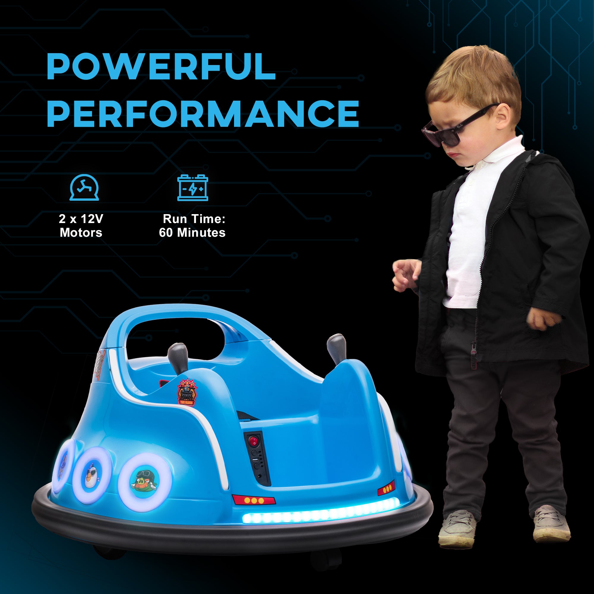 AIYAPLAY Angry Bird Licensed Waltzer Car, 12V Kids Bumper Car w/ Joysticks, Remote, Music LED Lights - Blue - North Peak Garden Furniture