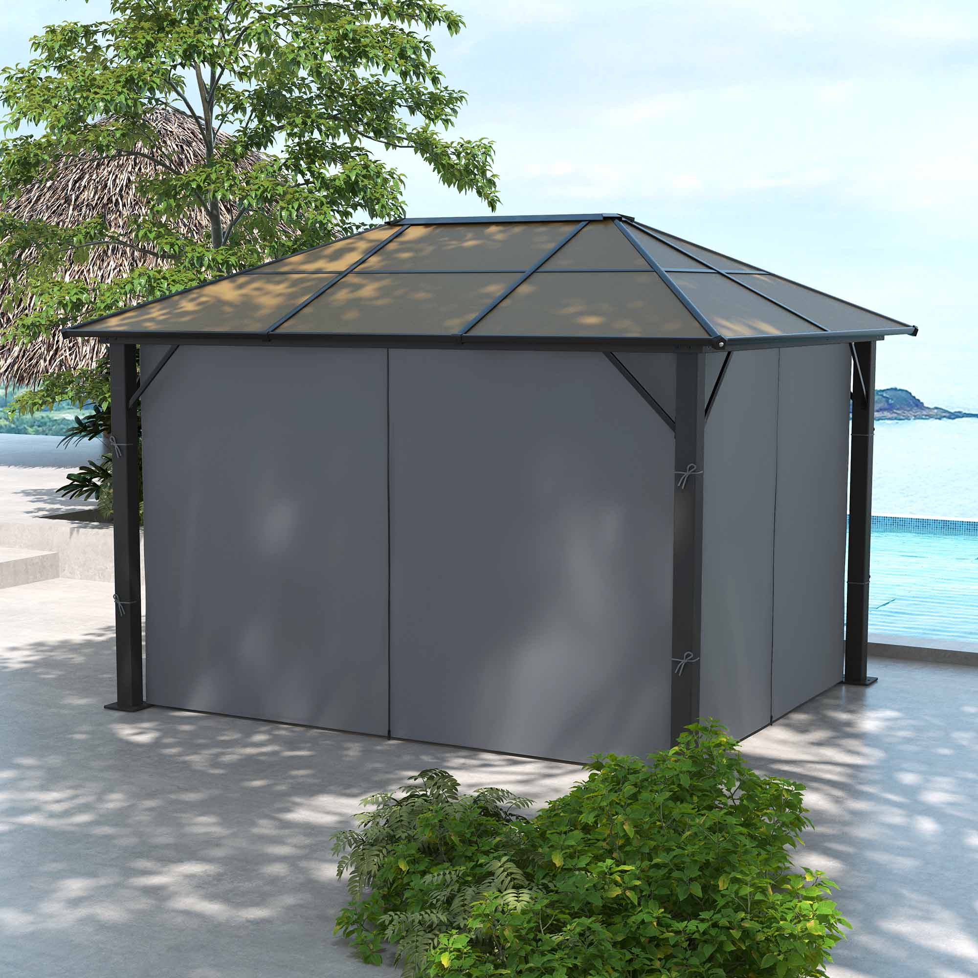 Outsunny 3 x 3.6m Garden Aluminium Gazebo Hardtop Roof Canopy Marquee Party Tent Patio with Mesh Curtains & Side Walls - Grey - North Peak Garden Furniture