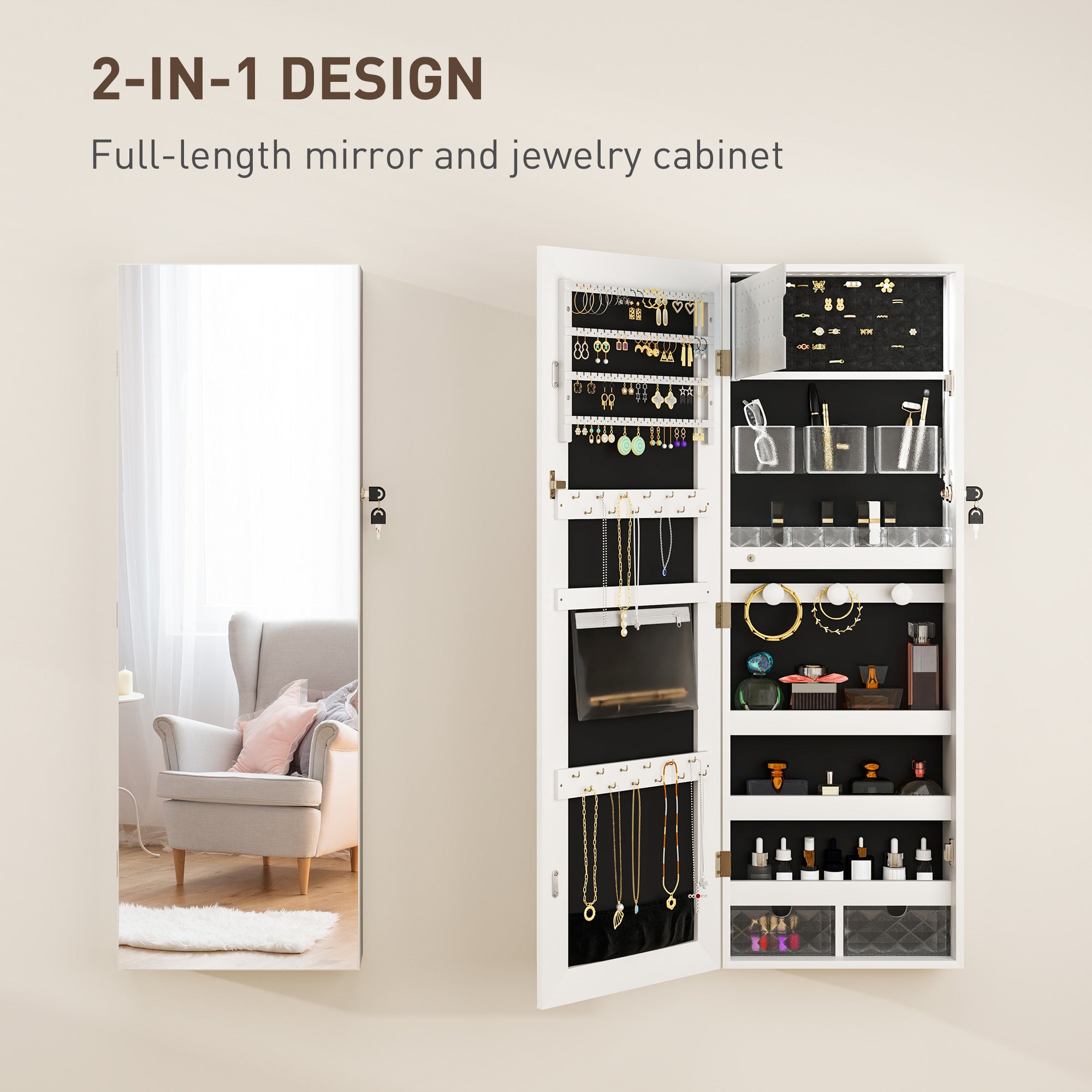 HOMCOM 108 x 37cm Lockable Jewellery Cabinet, with LED Lights - White Surface and Black Lining - North Peak Garden Furniture