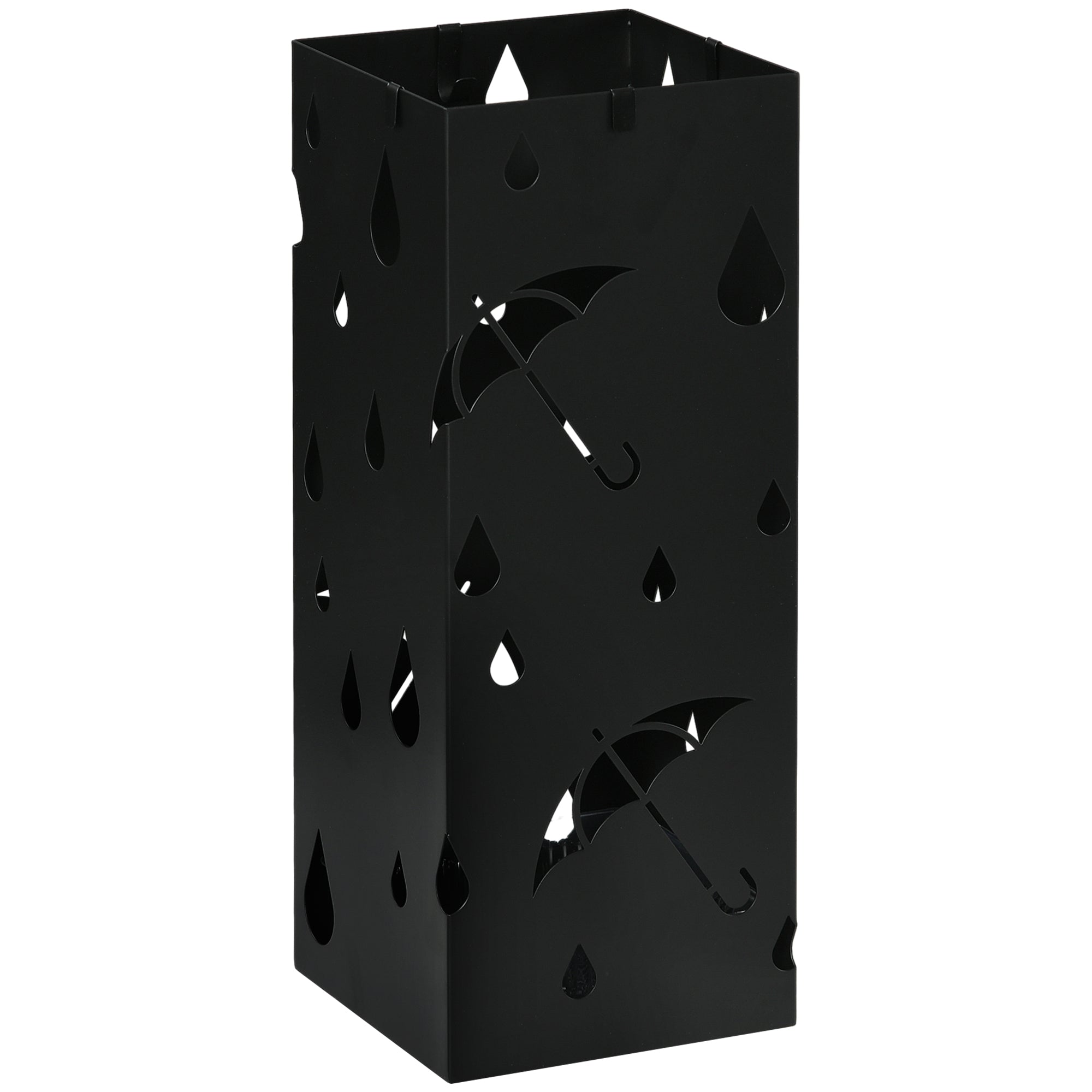 HOMCOM Steel Umbrella Stand, Square Umbrella Holder with 4 Hooks and Removable Drip Tray, Hollowed Umbrella Basket for Hallway, Black - North Peak Garden Furniture