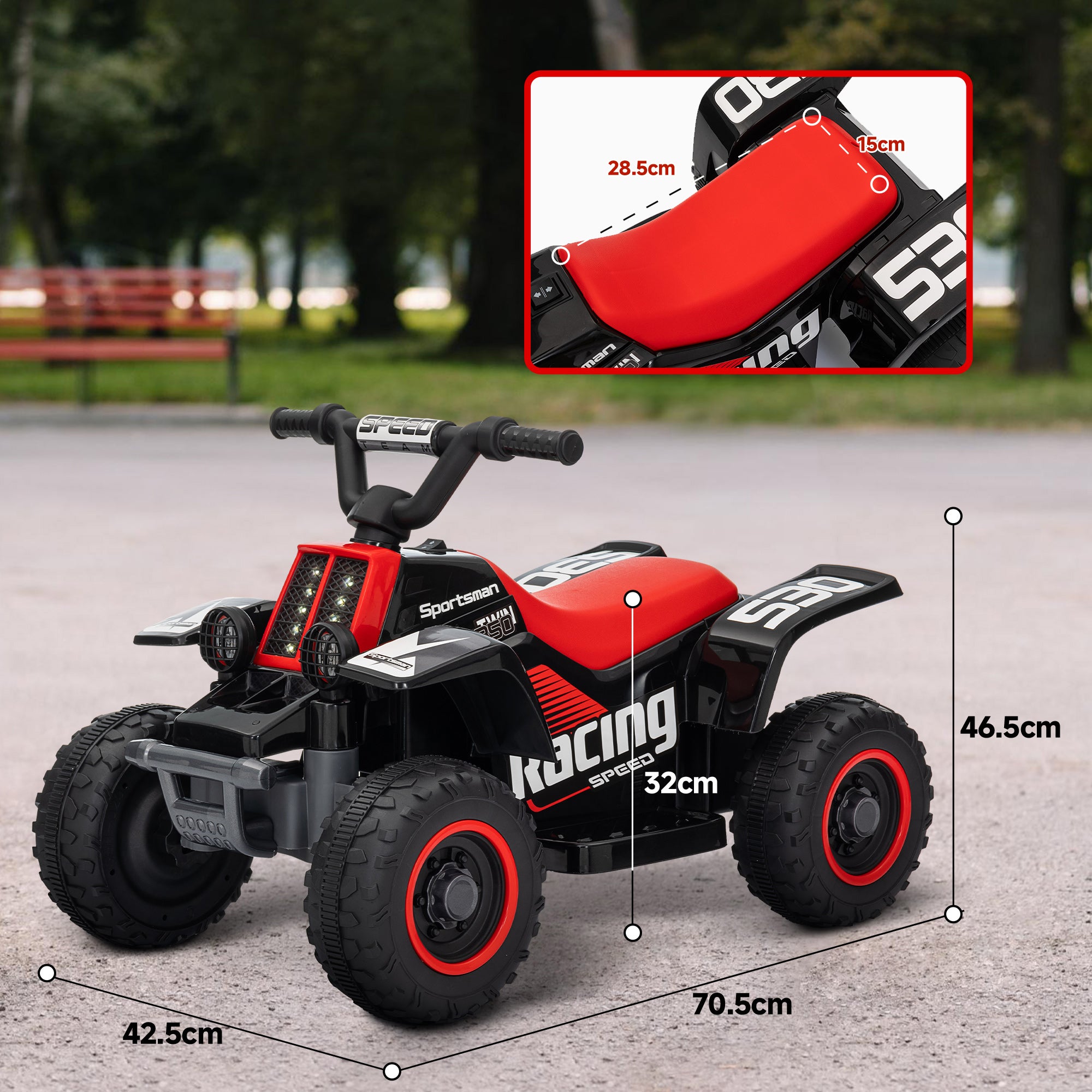 AIYAPLAY 6V Electric Quad Bike for Kids, Ride On ATV w/ Forward Backward, Headlights, for 18-36 Months, Black and Red - North Peak Garden Furniture