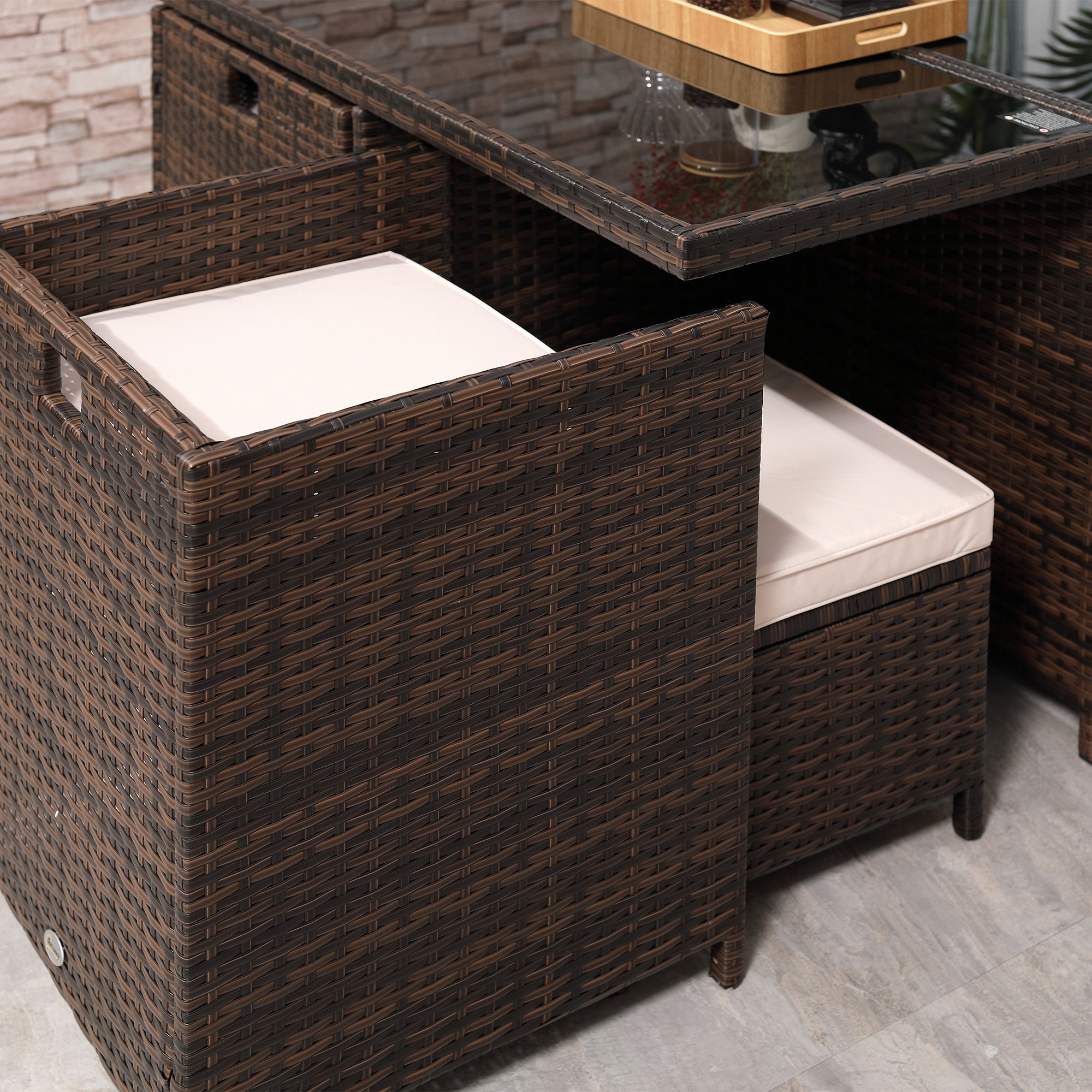 Outsunny 8 Seater Rattan Cube Garden Furniture Set, Rattan Dining Set with Cushions, Outdoor Dining Table and Chairs with 4 Armchairs, 4 Stools, Square Glass Top Table for Patio, Balcony, Brown - North Peak Garden Furniture
