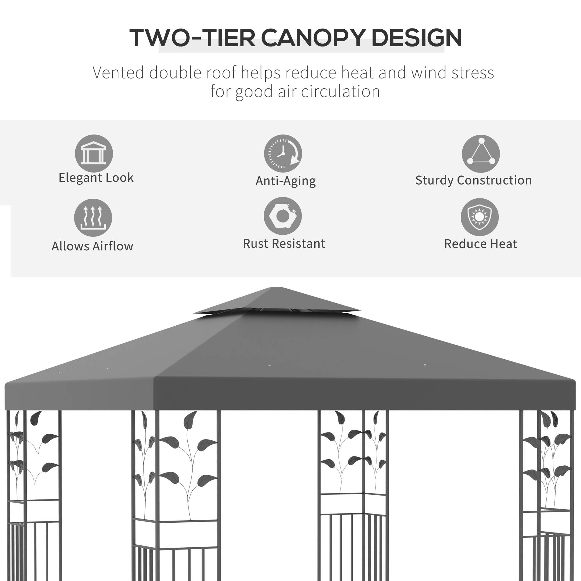 Outsunny 3 x 3m Outdoor Steel Gazebo with 2 Tier Roof, Garden Gazebo Patio Canopy Marquee Shelter with Decorative Steel Frame - Grey