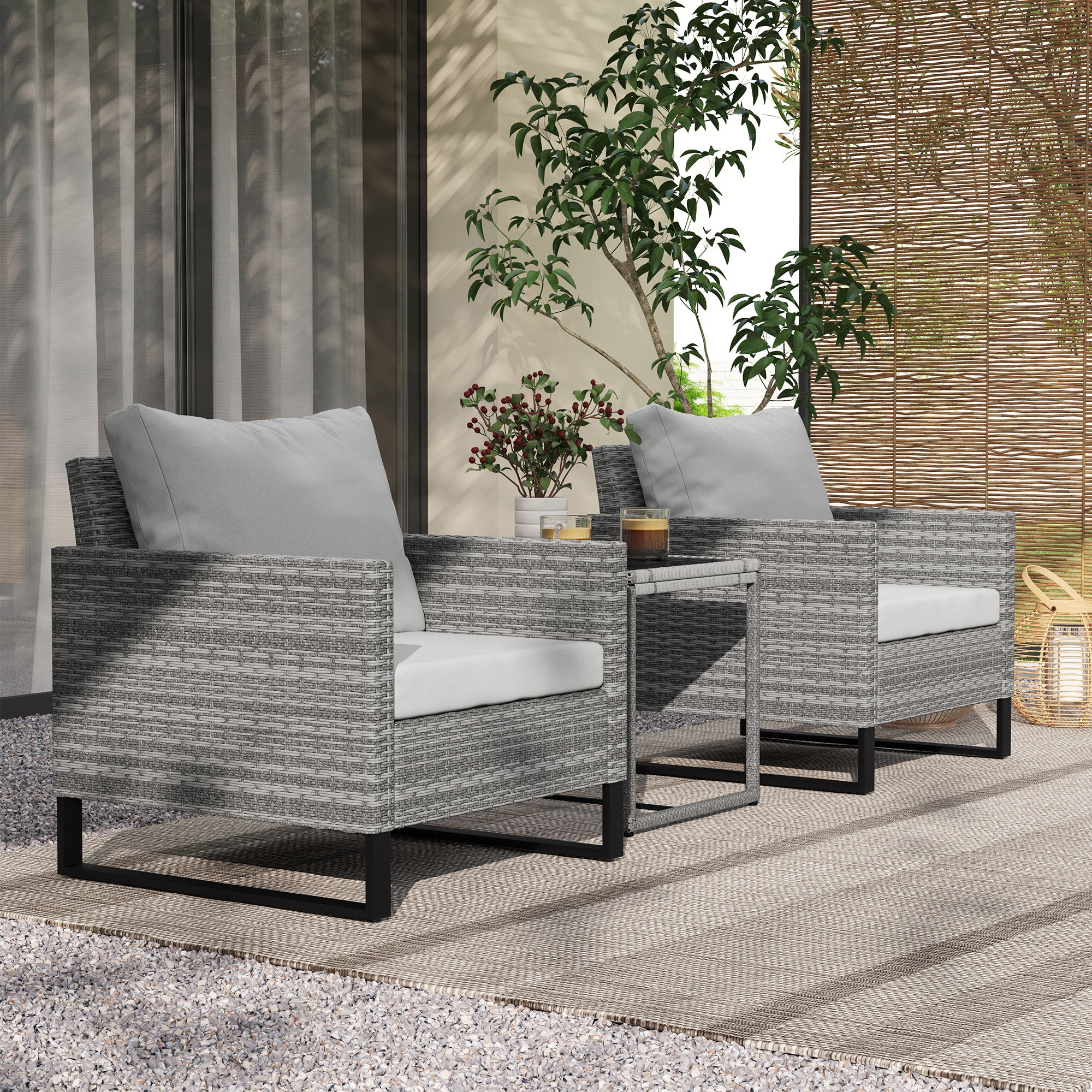 Outsunny 3 Pieces Rattan Bistro Set with 4 Cushions, Wicker Garden Furniture Set, Glass Top Coffee Table and Chairs for Outdoor Patio, Balcony, Terrace and Conservatory, Grey - North Peak Garden Furniture