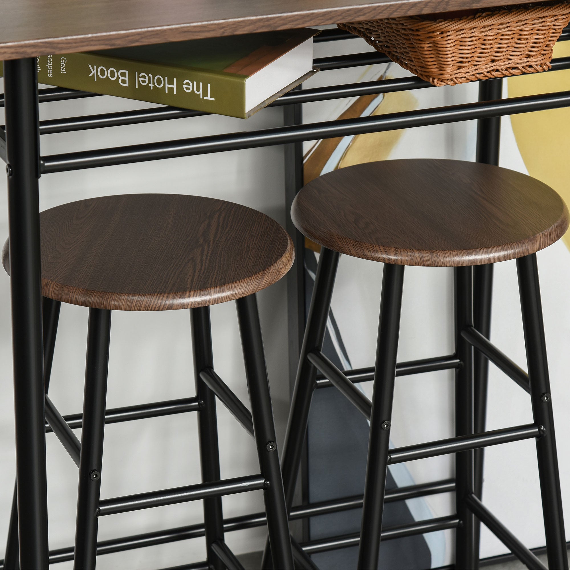 HOMCOM Bar Table Set, Bar Table and Stools Set, Footrest and Storage Shelf, for Kitchen, Dining Room, Pub, Cafe, Black and Oak - North Peak Garden Furniture