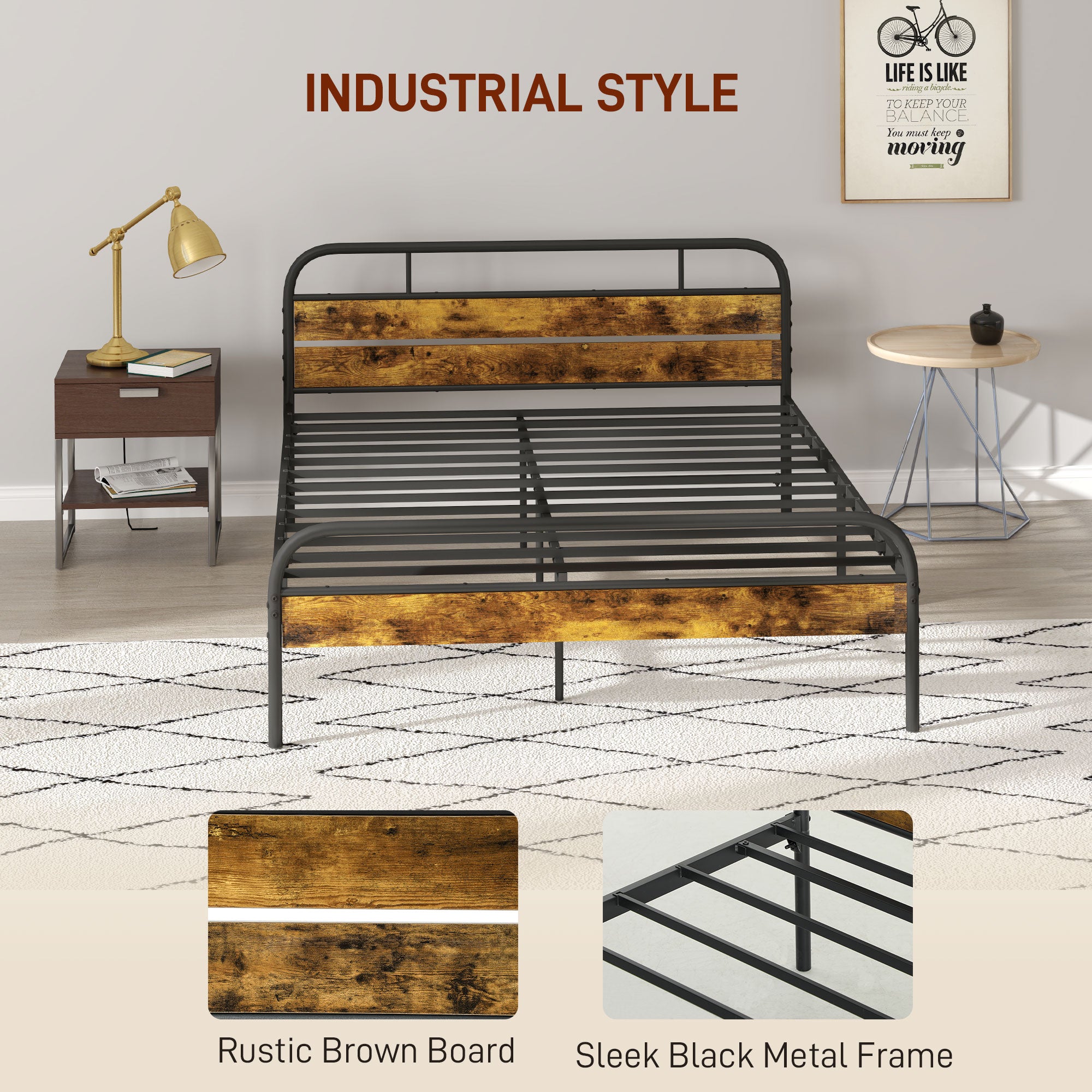 HOMCOM Industrial-Style King Bed Frame - Black/Brown - North Peak Garden Furniture