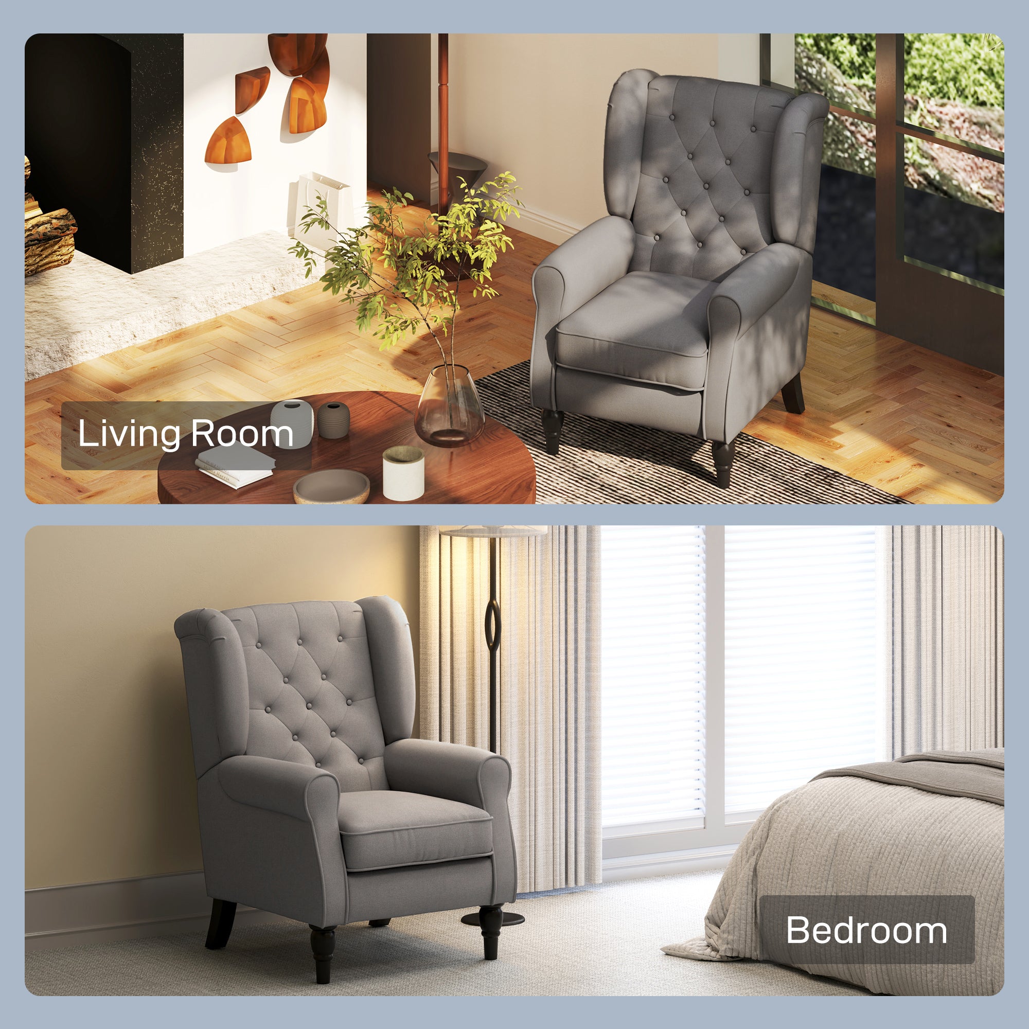 HOMCOM Retro Accent Chair, Wingback Armchair with Wood Frame Button Tufted Design for Living Room Bedroom, Dark Grey - North Peak Garden Furniture