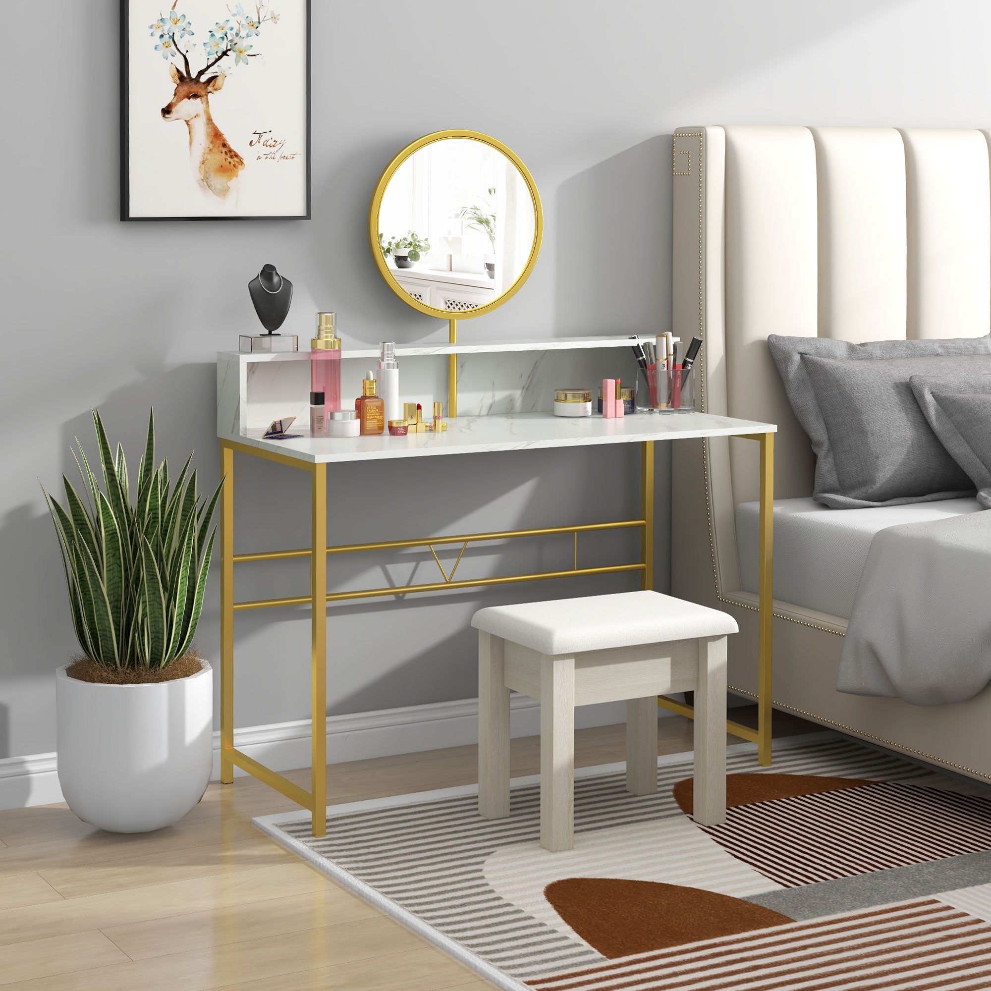 HOMCOM Modern Dressing Table with Round Mirror, Vanity Makeup Desk with Open Storage, Faux Marble Texture and Steel Frame for Bedroom, White - North Peak Garden Furniture